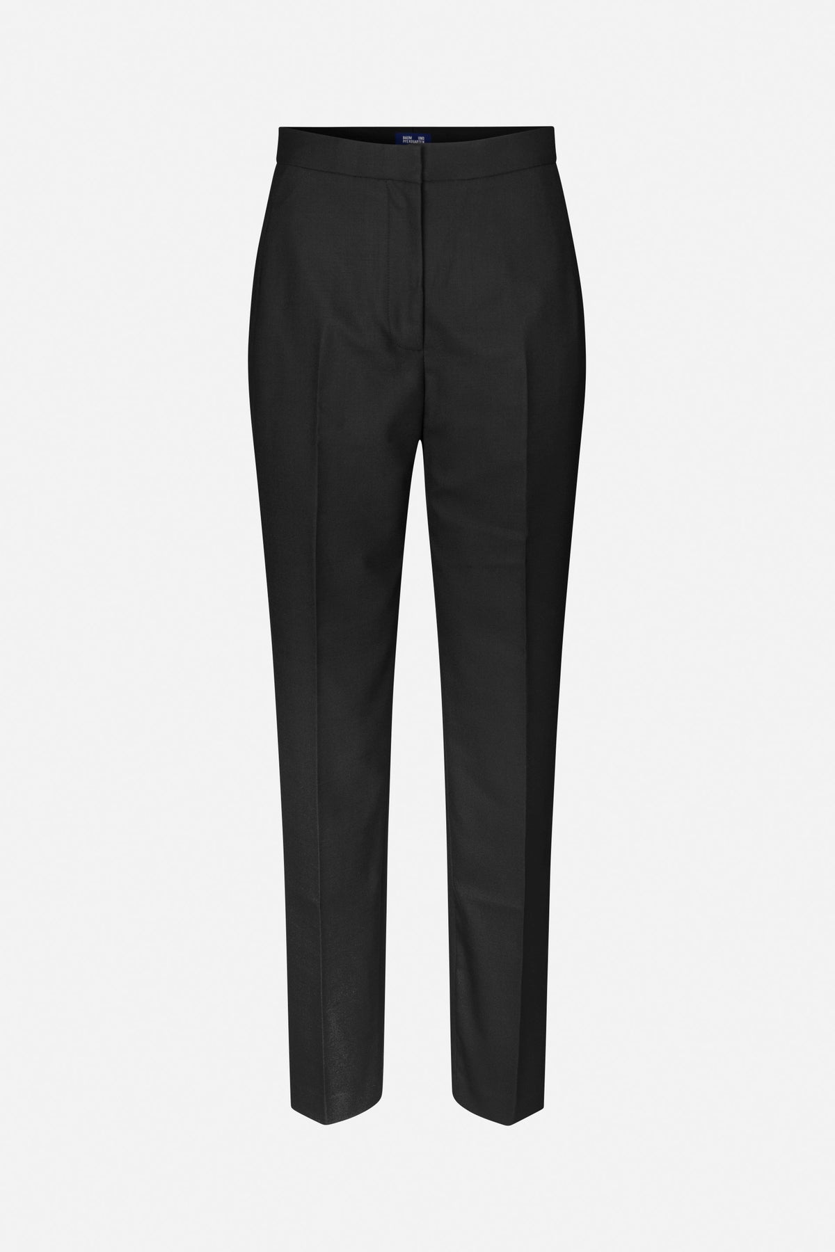 Front view of straight-leg black trousers with a wide waistband and concealed front fastening.