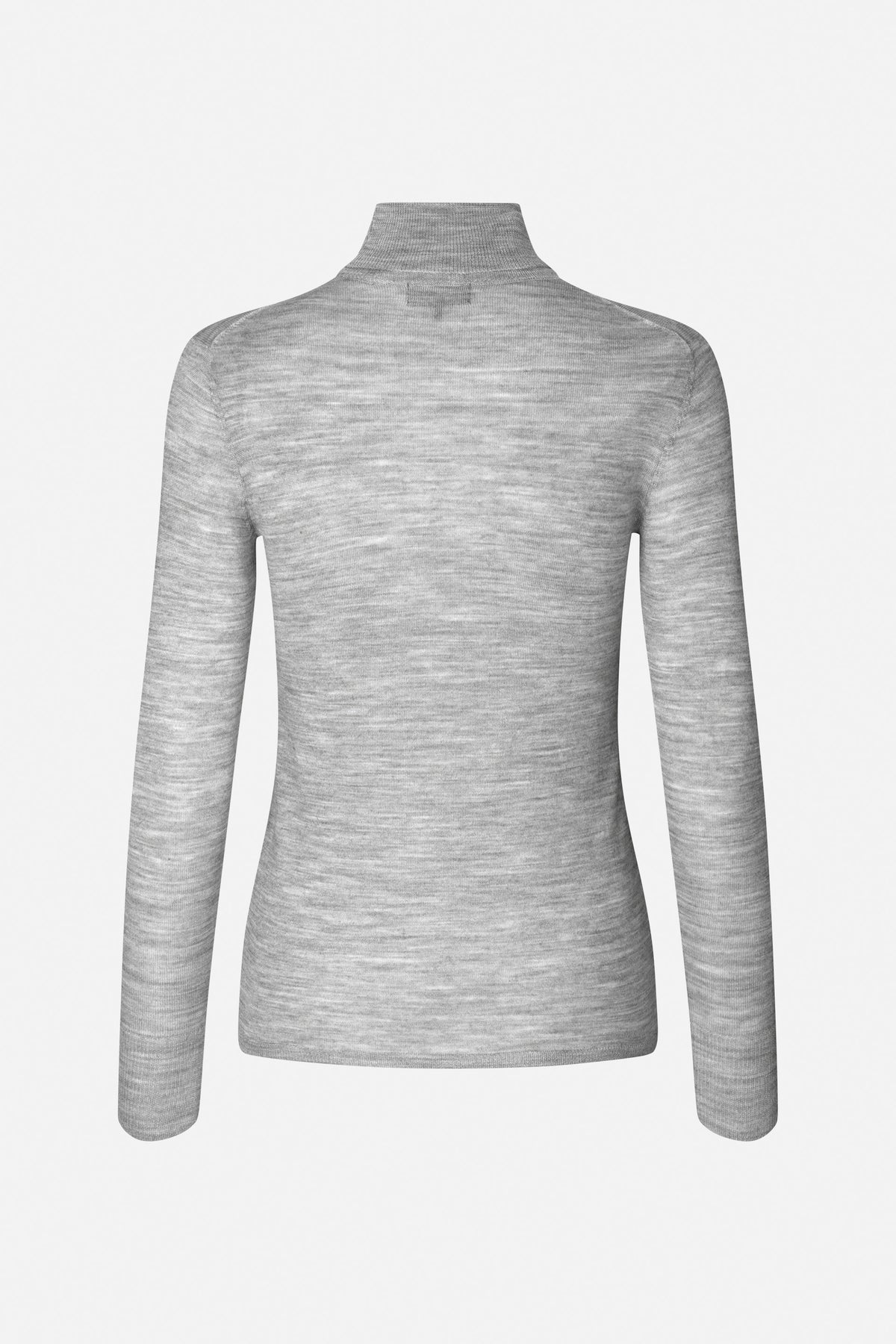 Back view of a heather grey long-sleeved top with a high ribbed neckline.