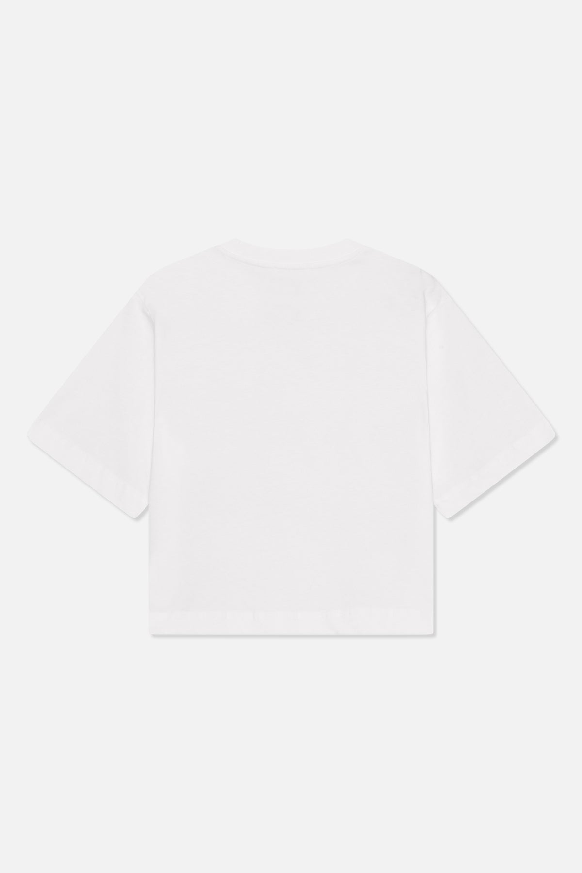 Plain white short-sleeved crew-neck T-shirt shown from the back