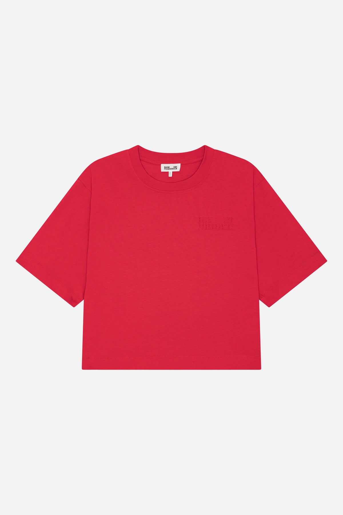 Front view of a bright red short-sleeved crew-neck T-shirt with subtle tonal chest lettering.