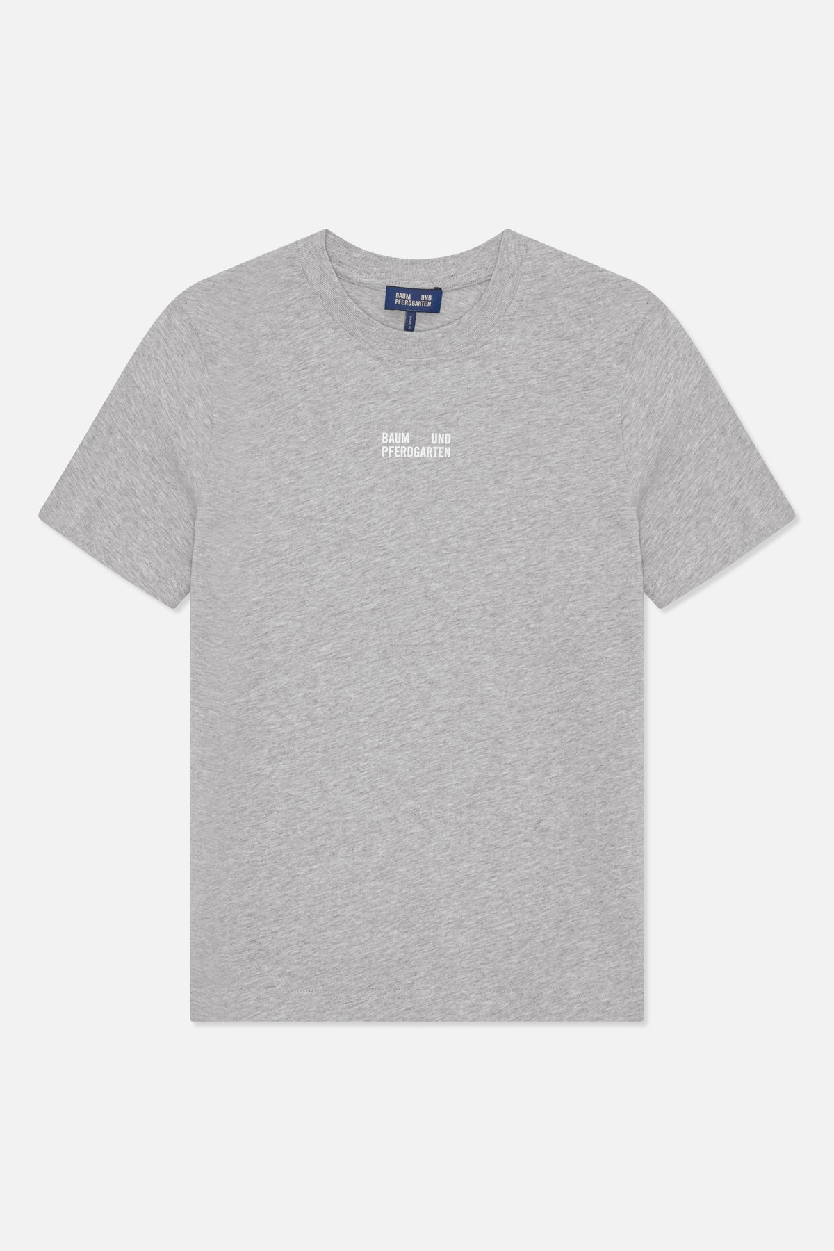 Front view of a heather grey short-sleeved T-shirt with a crew neck and small white Baum und Pferdgarten text on the chest.