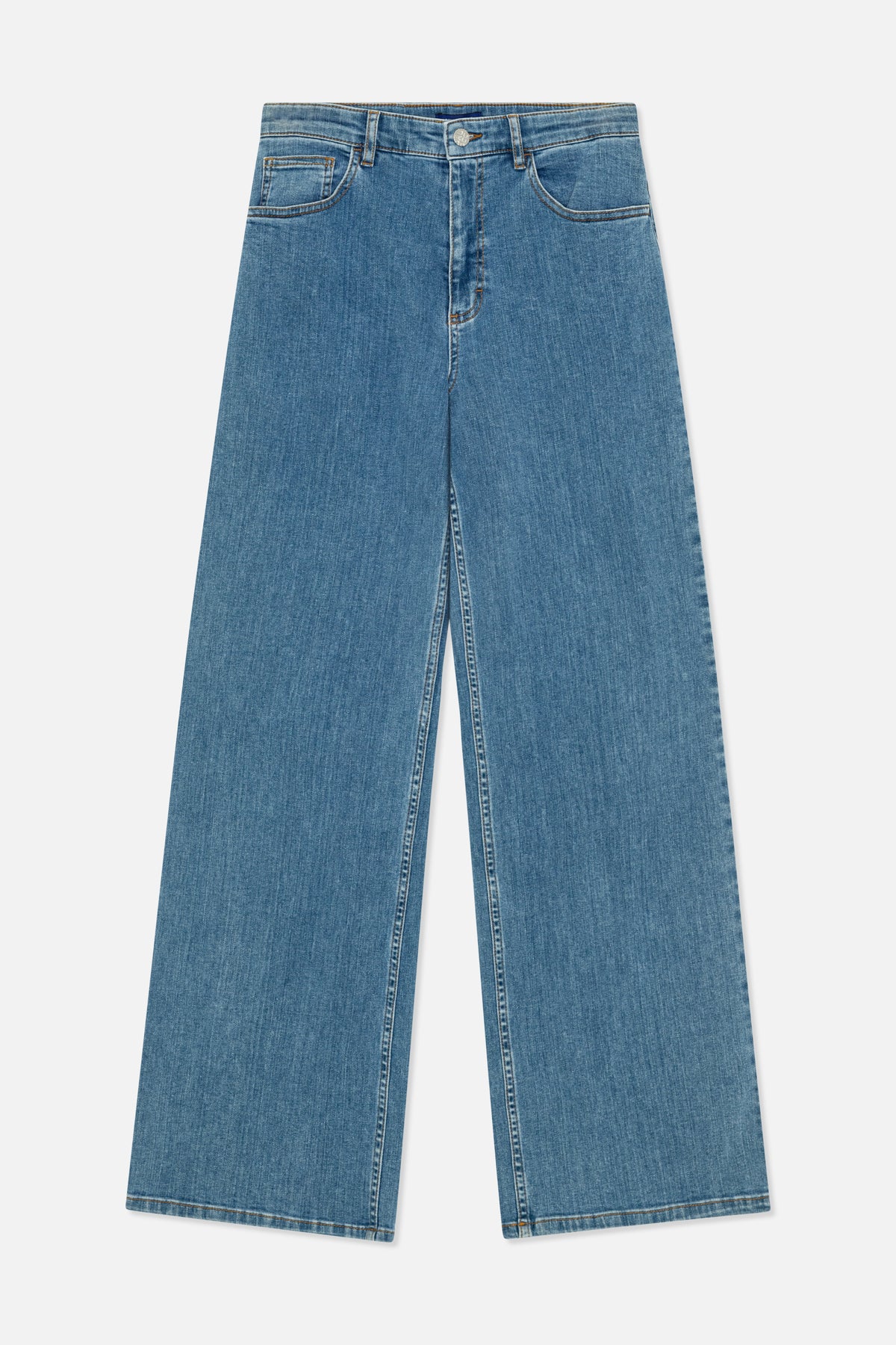 Front view of wide-leg jeans in medium blue denim with copper-toned stitching, belt loops and a button closure.