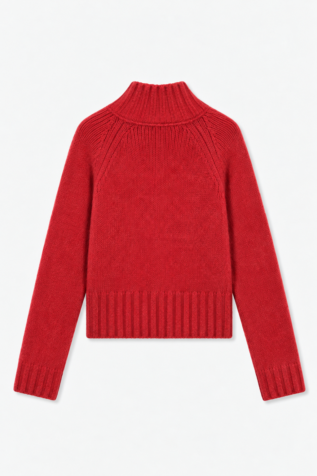 Bright red rib-knit sweater with a high folded collar, raglan sleeves and ribbed cuffs and hem, shown from the front.