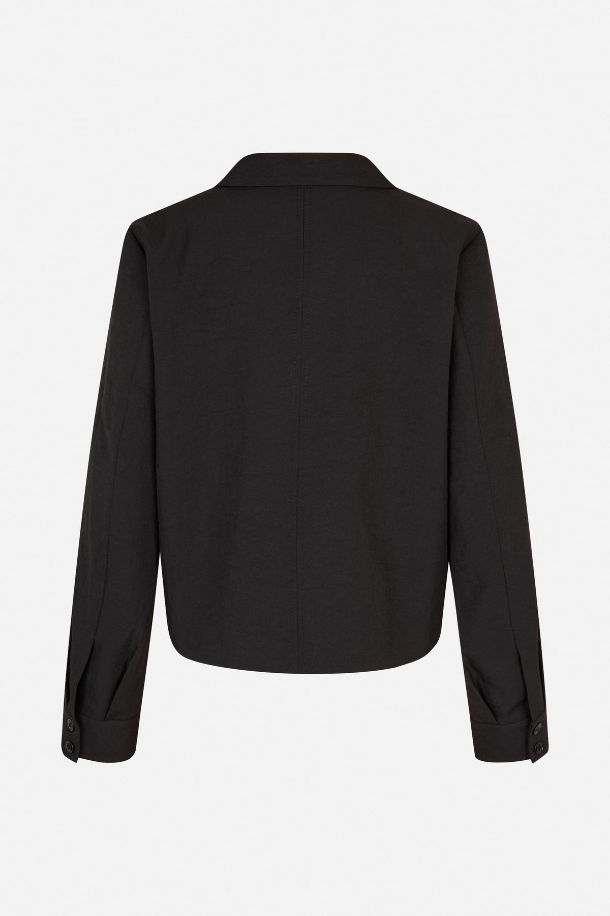 Back view of a black long-sleeved shirt with a raised collar, centre seam and buttoned cuffs.