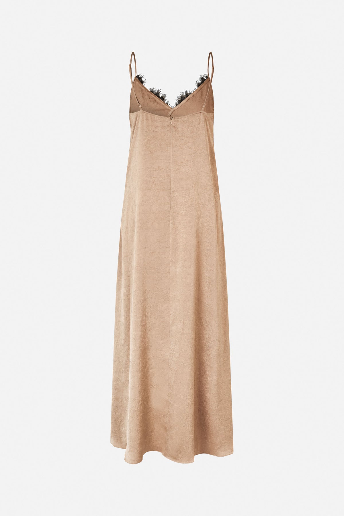 Back view of a beige slip dress with a crinkled finish, narrow straps, and black lace trim along the V-shaped neckline.