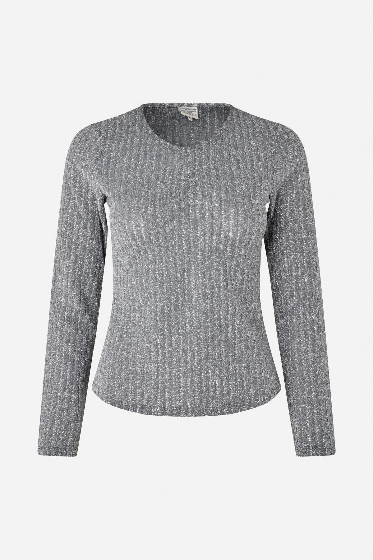 Front view of a fitted, long-sleeved grey top with a round neckline and a fine silver shimmer throughout.