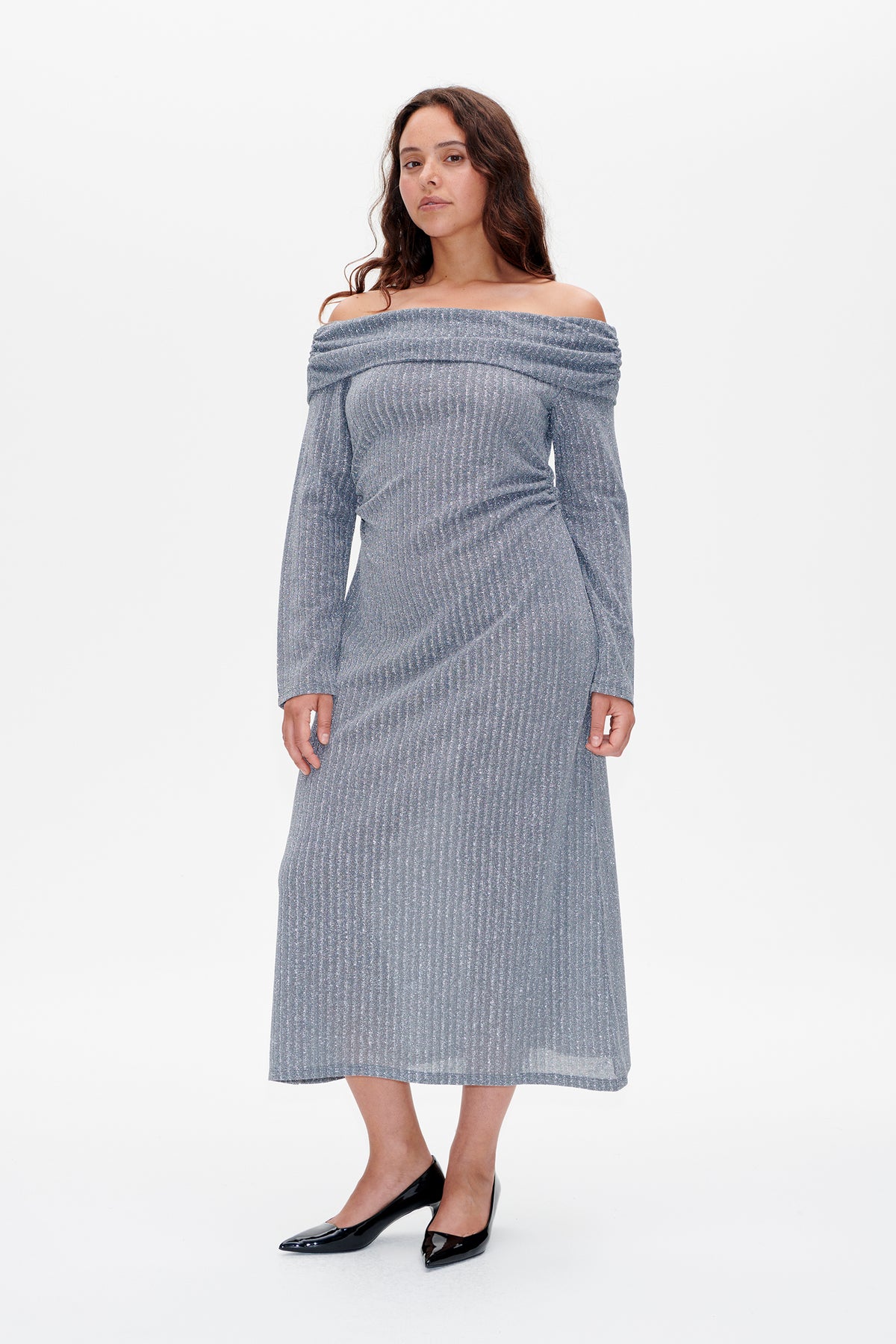 Front view of a silver-grey ribbed shimmer midi dress with long sleeves and a folded off-the-shoulder neckline.