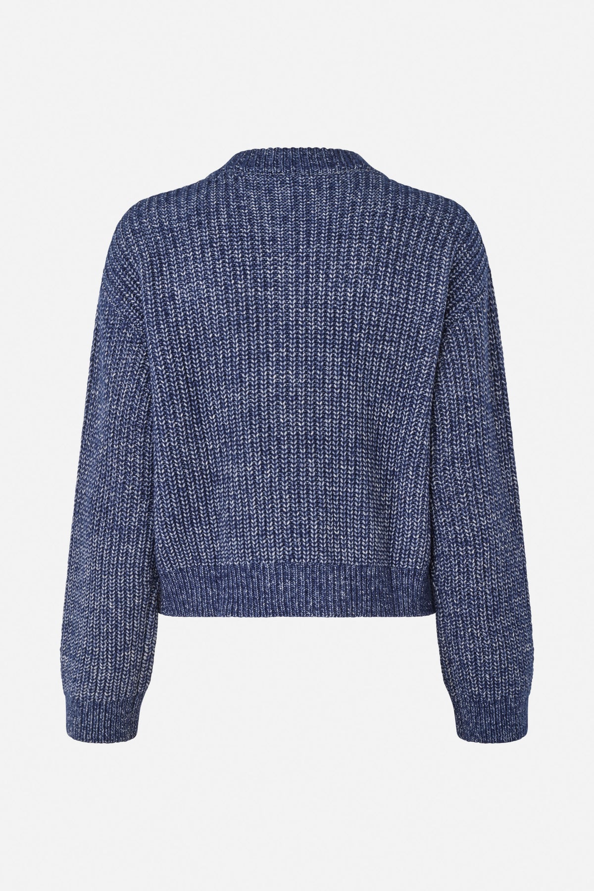 Back view of a navy and white marled knit sweater with a ribbed high neckline, long sleeves, and ribbed cuffs and hem.