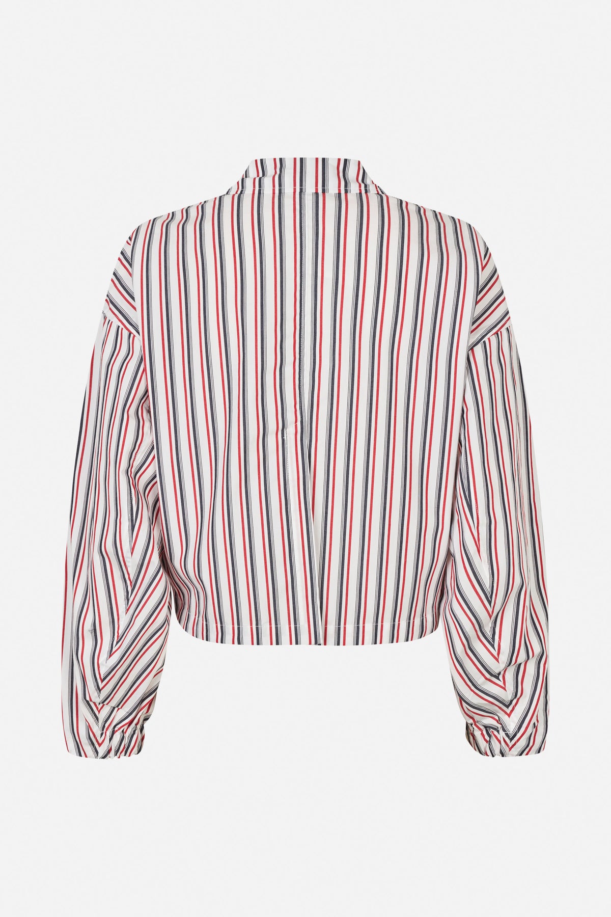 Back view of a white long-sleeved shirt with red and dark vertical stripes, a pointed collar and gathered cuffs.