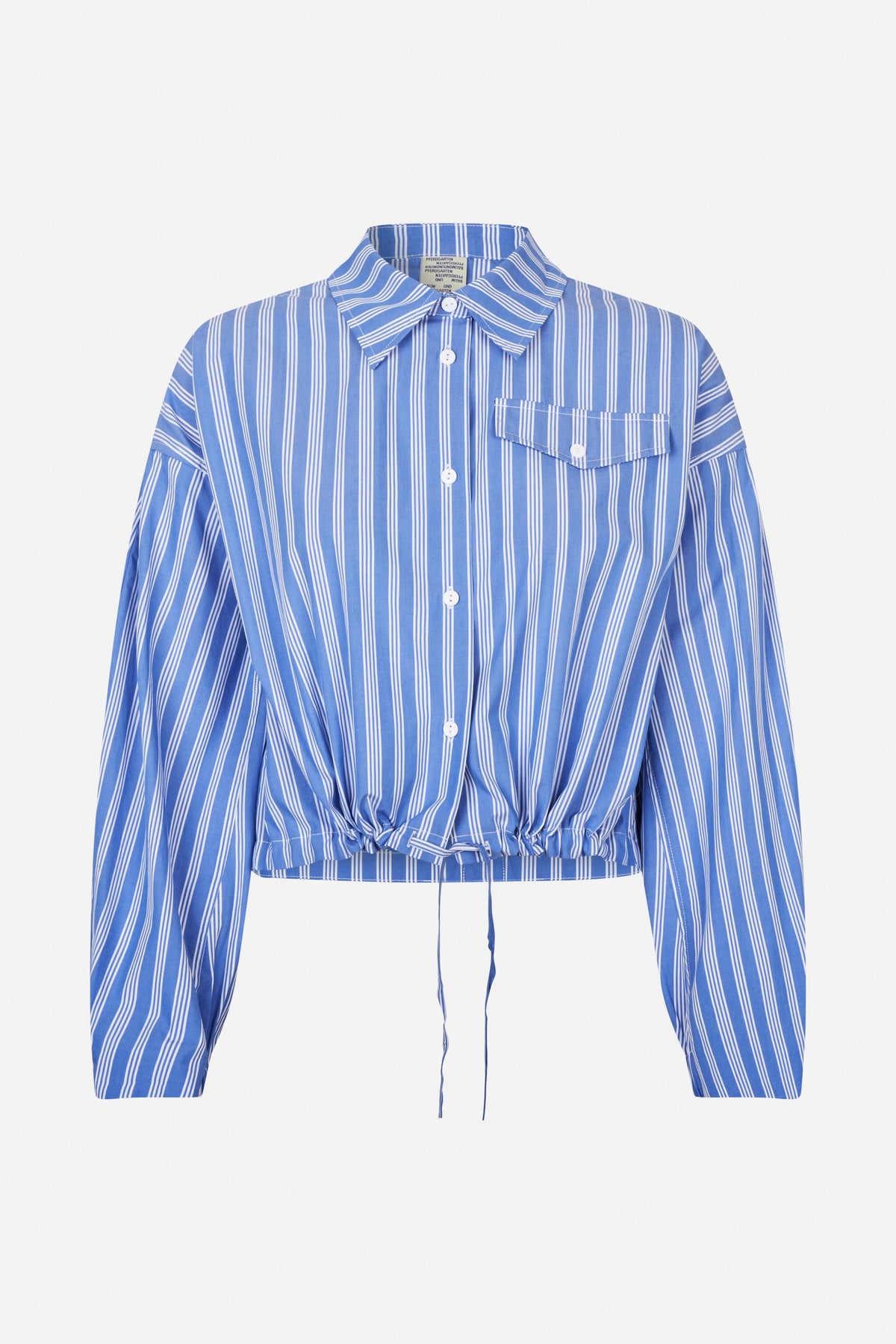 Front view of a blue-and-white striped long-sleeved button-up shirt with a pointed collar, chest pocket and adjustable drawstring hem.