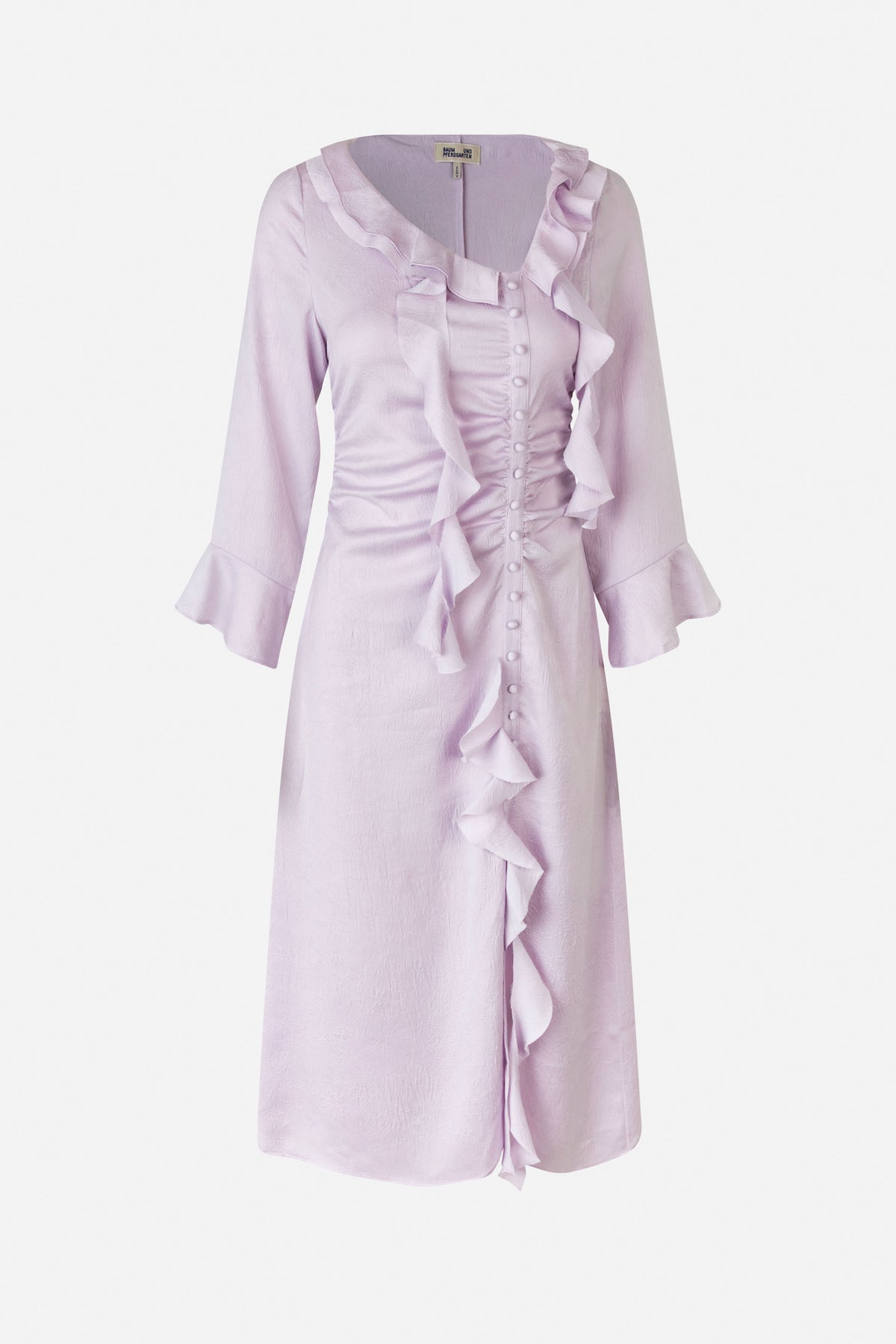 Front view of a pale lilac textured long-sleeved dress with cascading ruffles, a button-front closure and flared cuffs.
