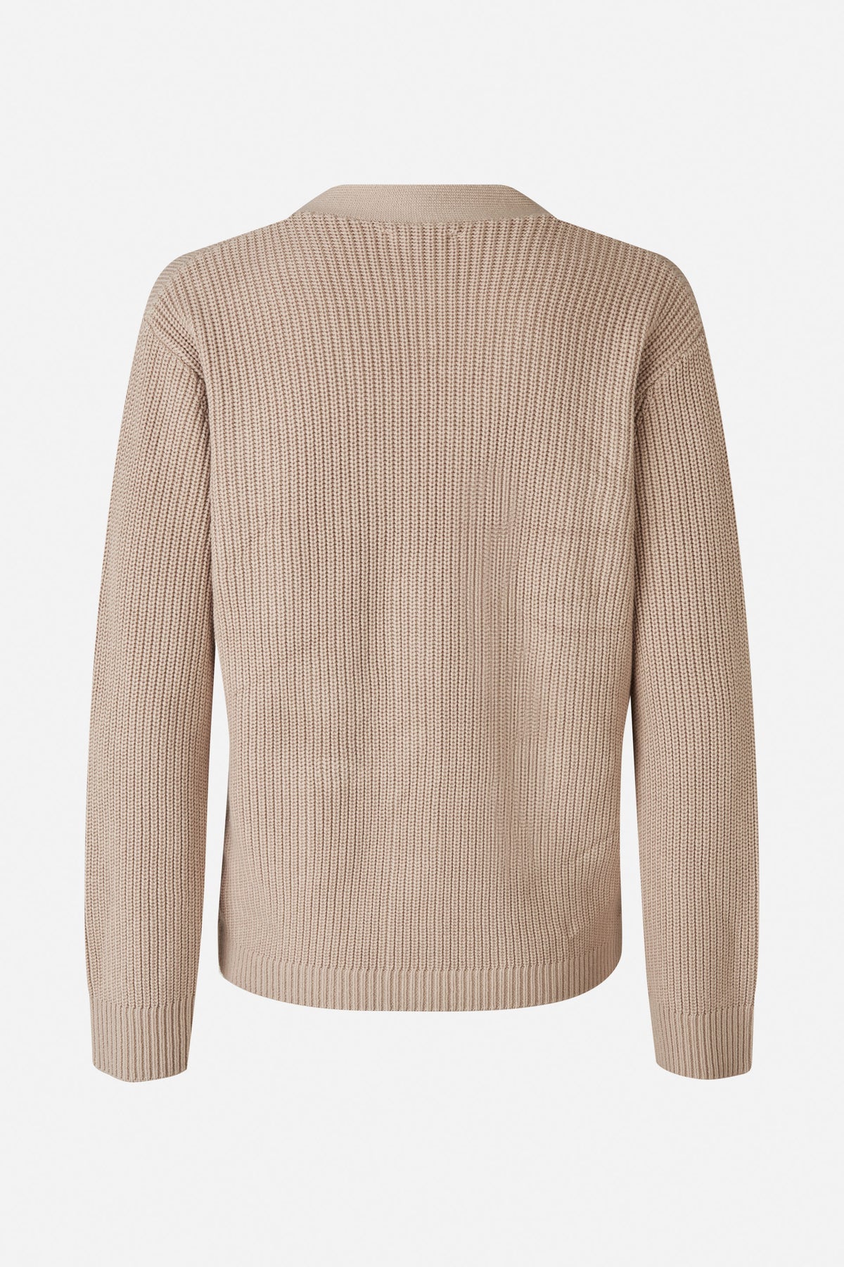 Back view of a beige long-sleeved knitted sweater with a textured stitch and ribbed neckline, cuffs and hem.