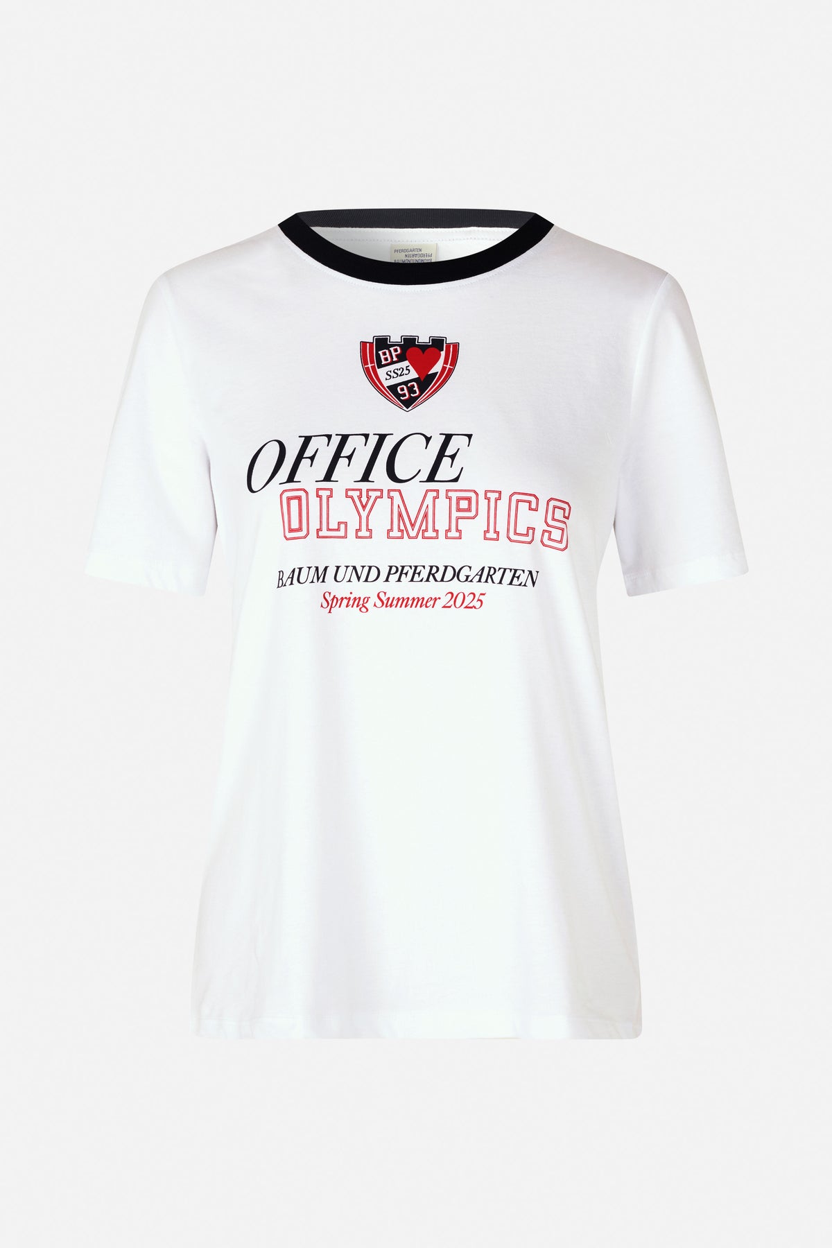 White short-sleeve T-shirt with black crew neck and a red-and-black front graphic reading “Office Olympics” and “Spring Summer 2025”.