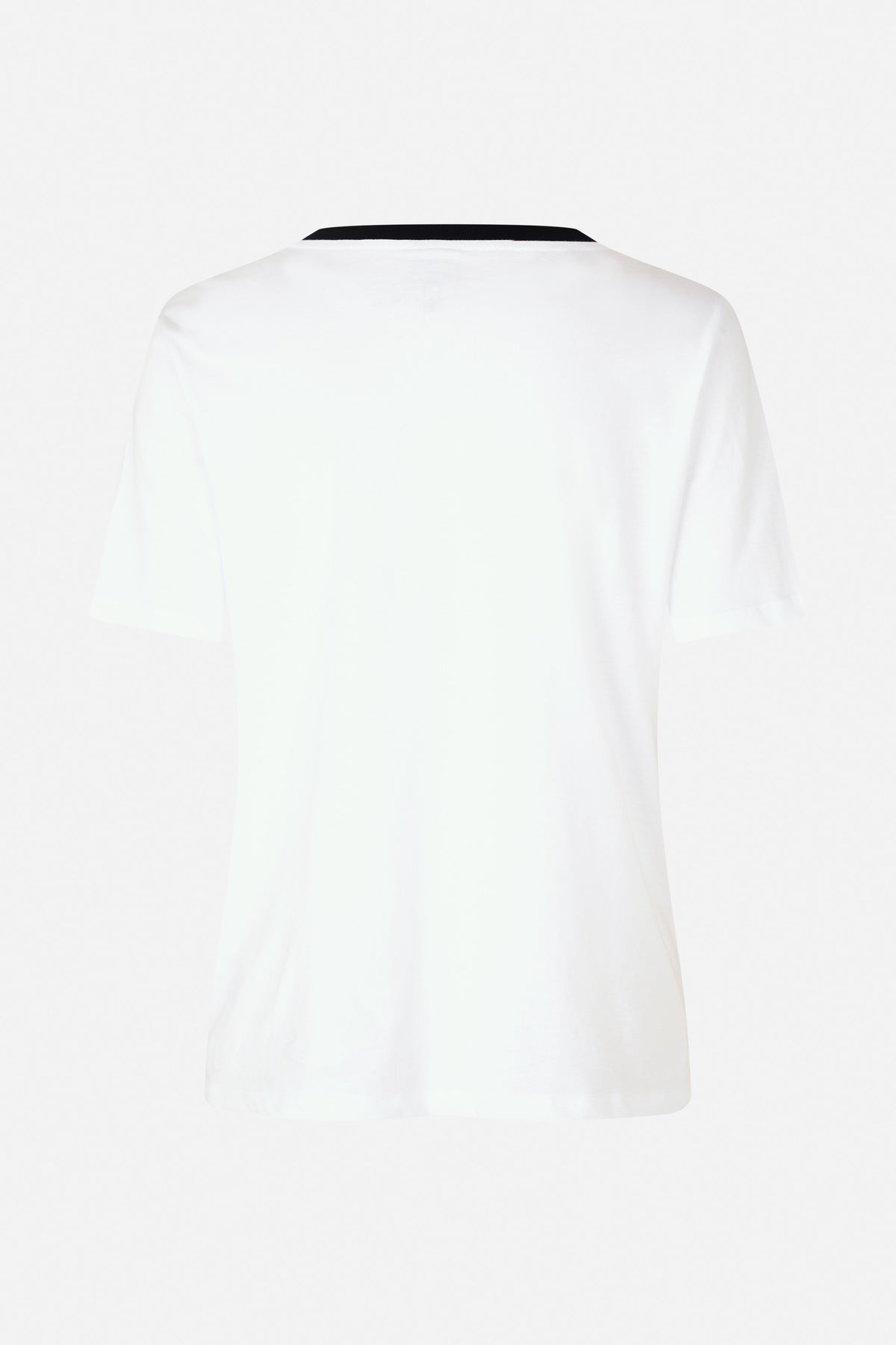Back view of a plain white short-sleeved T-shirt with a black crew neckline.