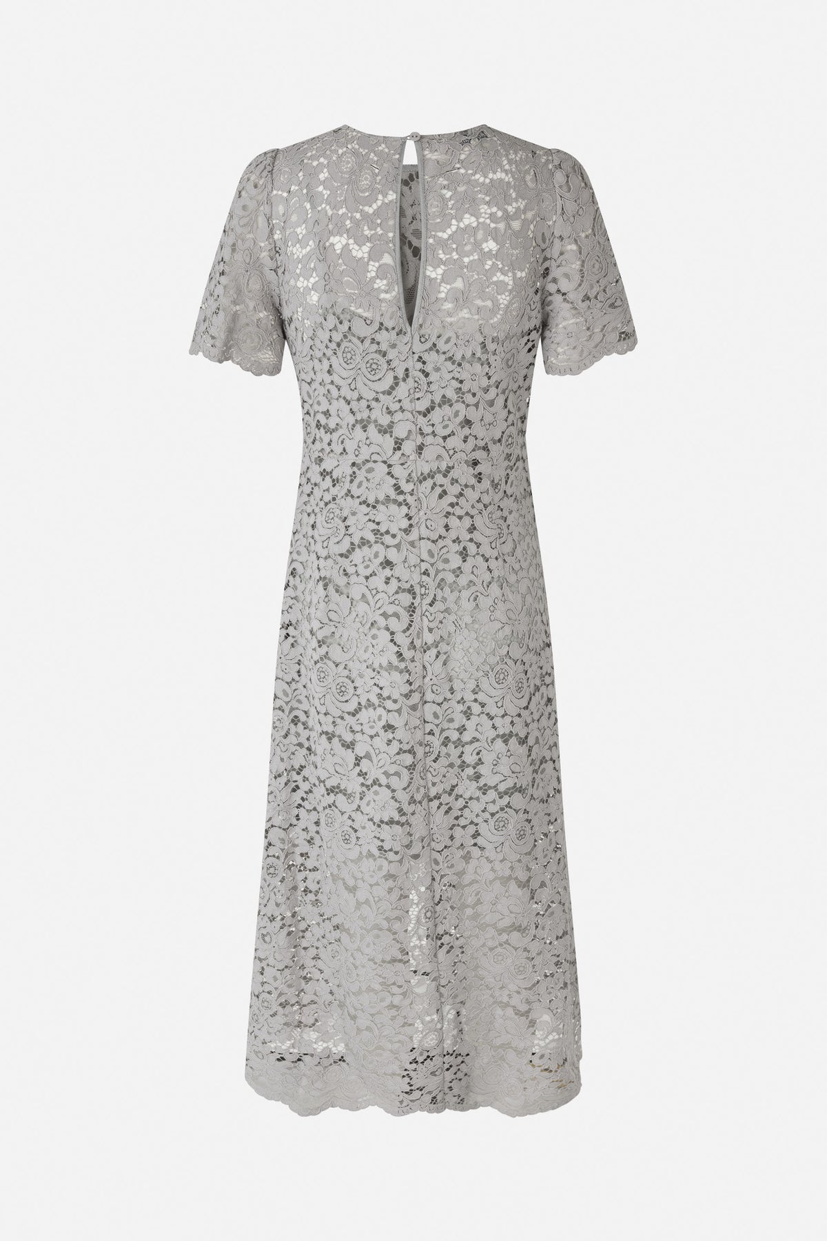 Back view of a pale gray floral lace midi dress with short sleeves, scalloped edges and a small keyhole neckline.