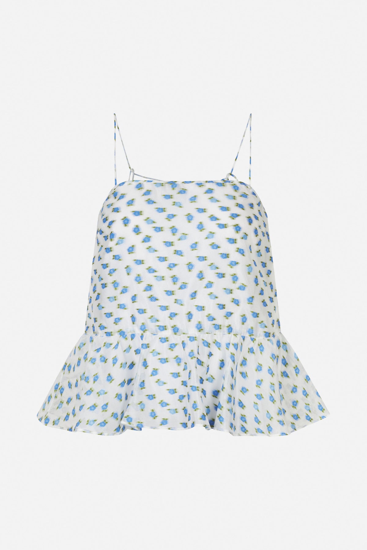 White spaghetti-strap dress with a square neckline, fitted bodice and flared skirt, patterned with small blue flowers and green leaves