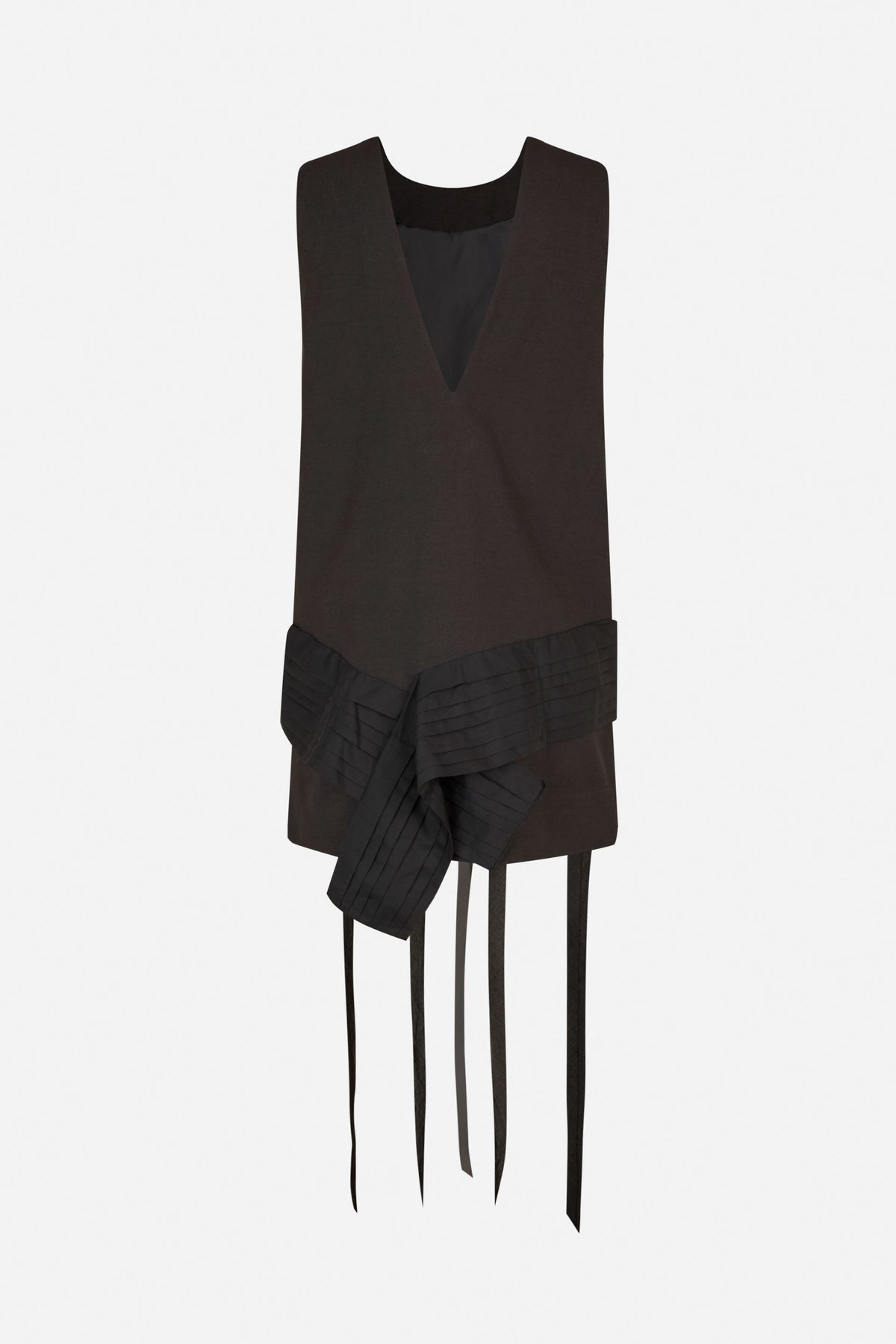 Front view of a dark brown sleeveless dress with a deep V-neck and a black pleated hip sash with long hanging ties.