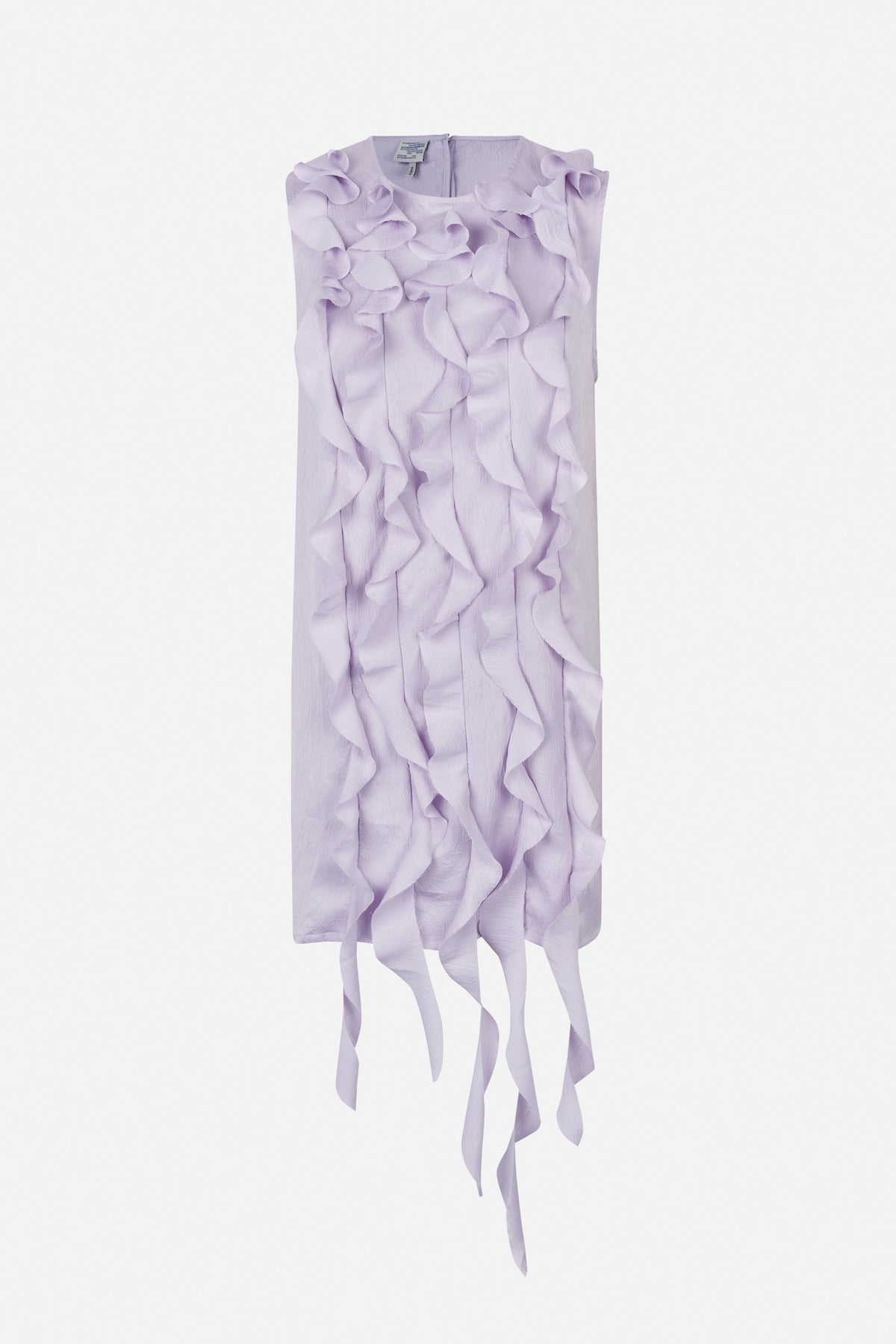 Front view of a pale lilac sleeveless dress with cascading sculptural ruffles and long trailing fabric strips at the hem.