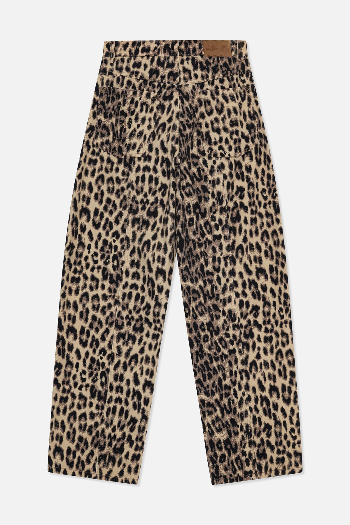 Front view of wide-leg beige and black leopard-print trousers with a button waistband and large patch pockets.