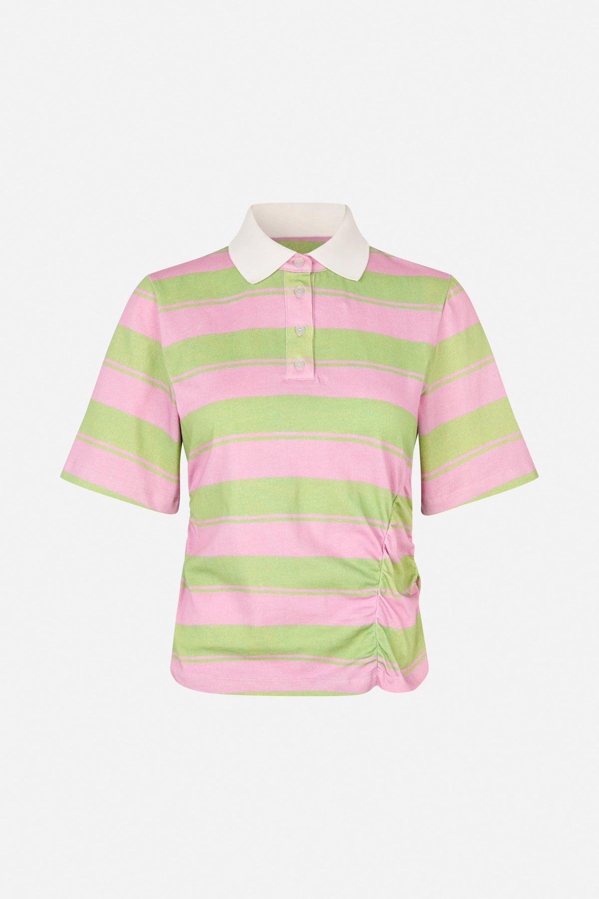 Vorderansicht eines kurzärmeligen Poloshirts mit breiten Streifen in Rosa und Hellgrün, weißem spitzen Kragen und Knopfleiste.