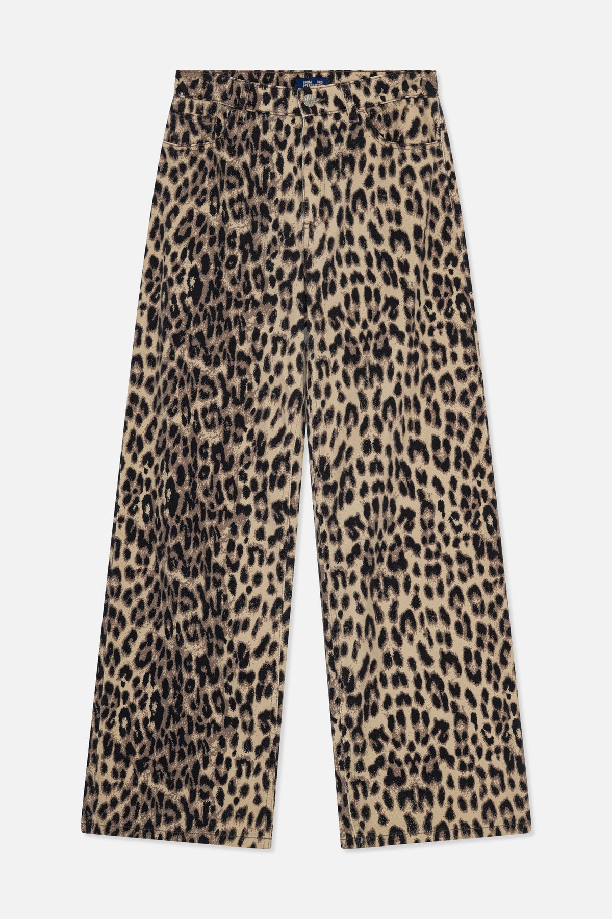 Front view of wide-leg trousers with a beige, brown and black leopard print, button fastening and curved front pockets.