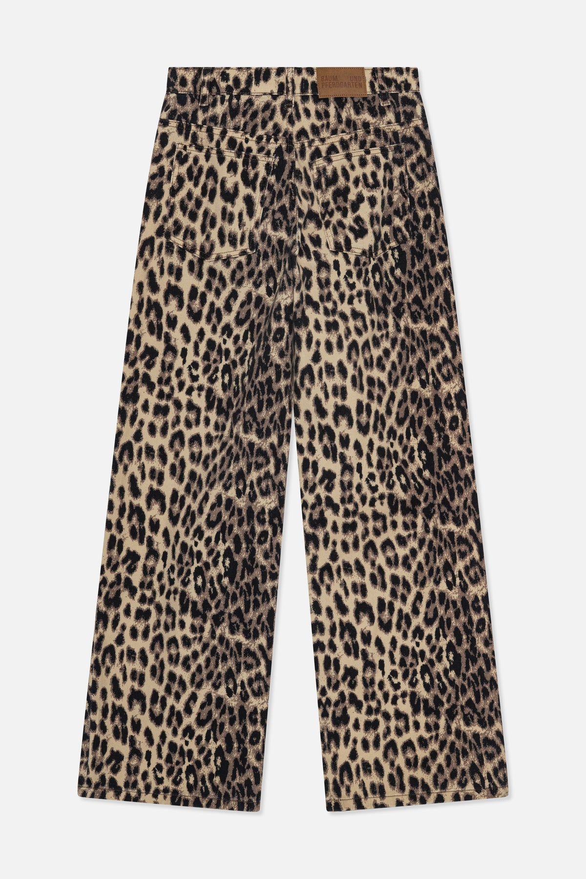 Back view of wide-leg trousers in a beige and black leopard print, with two patch pockets and a waistband label.