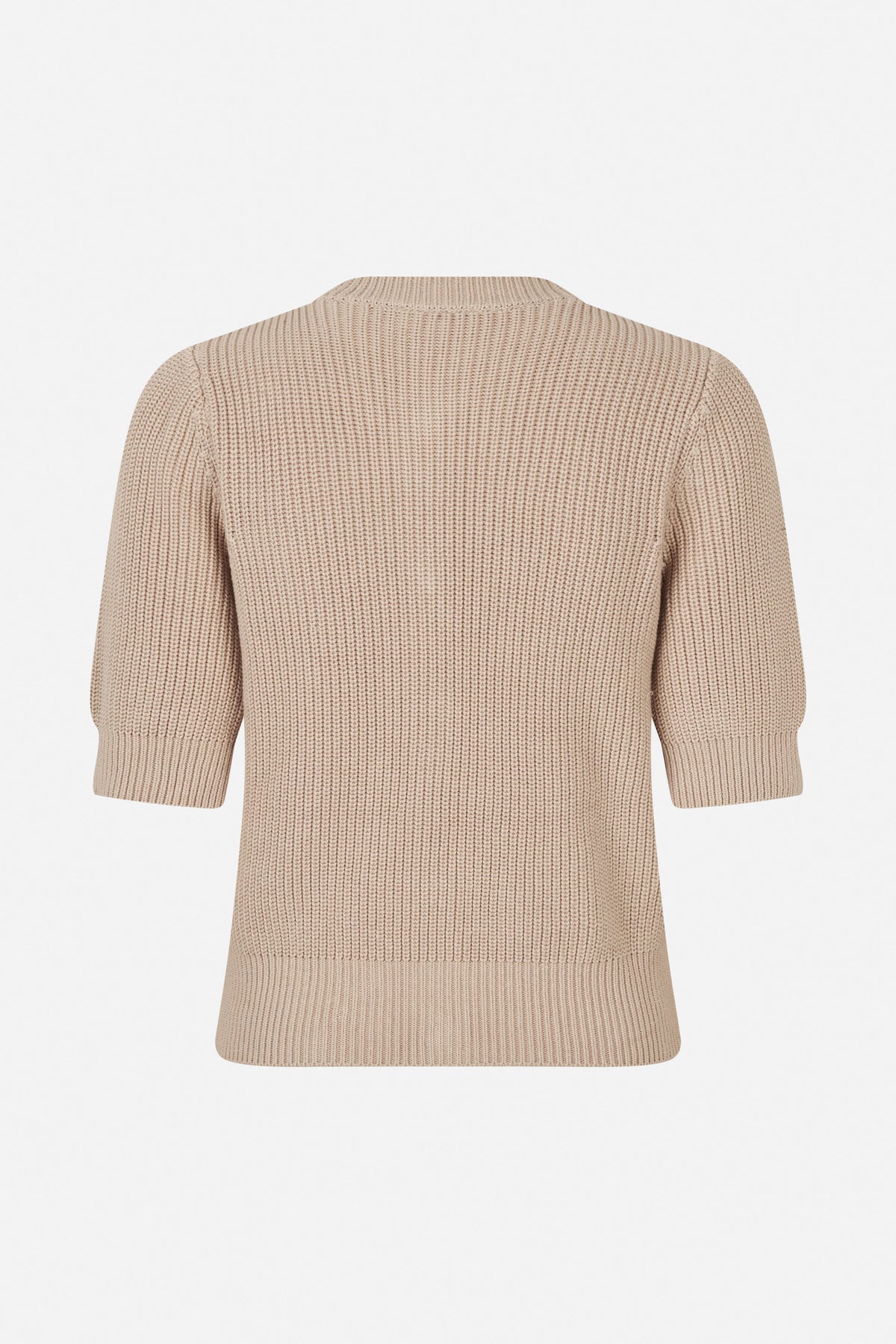 Back view of a beige rib-knit top with short puff sleeves, a round neckline, and ribbed cuffs and hem.