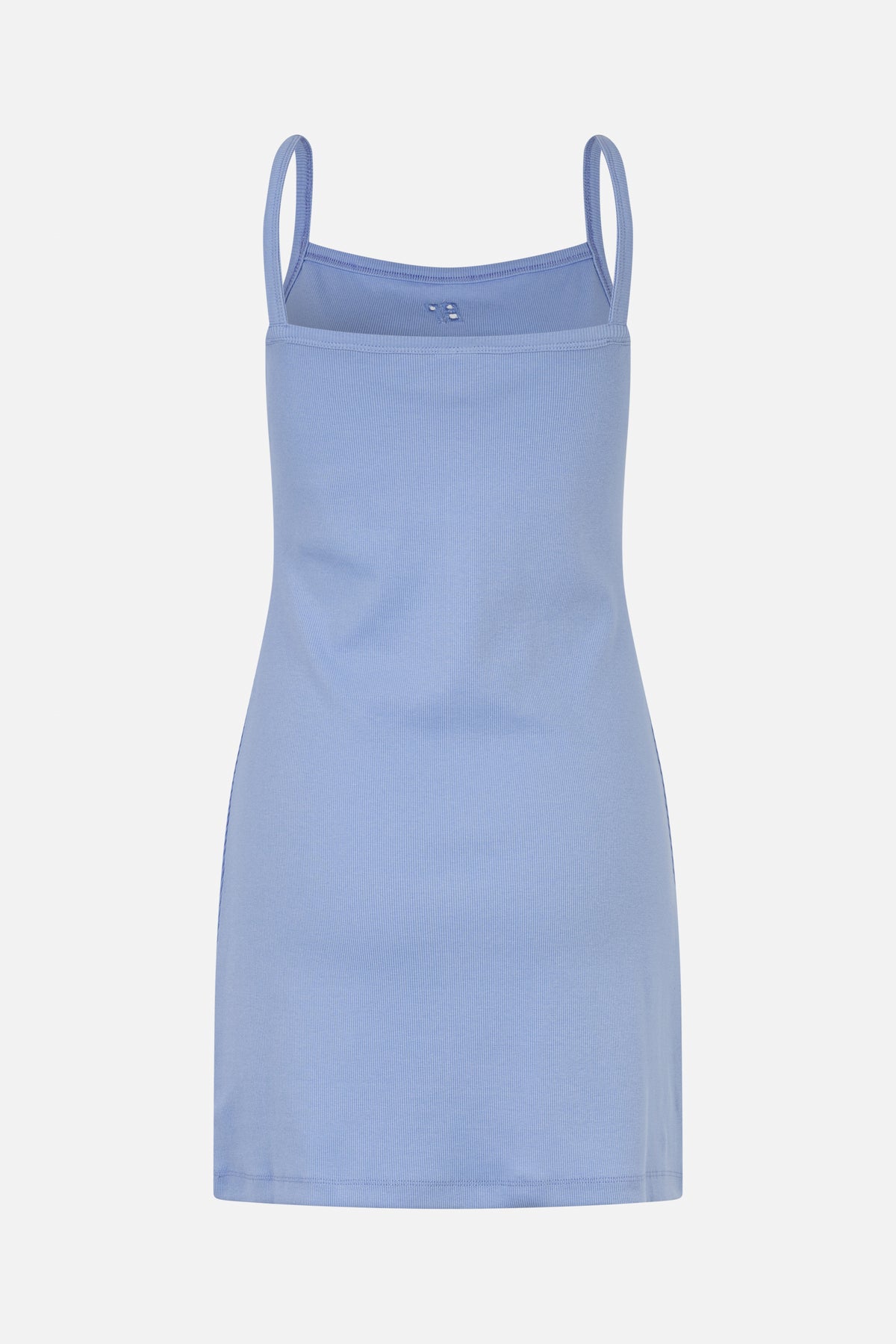 Front view of a light blue ribbed slip dress with thin shoulder straps and a small embroidered chest detail.