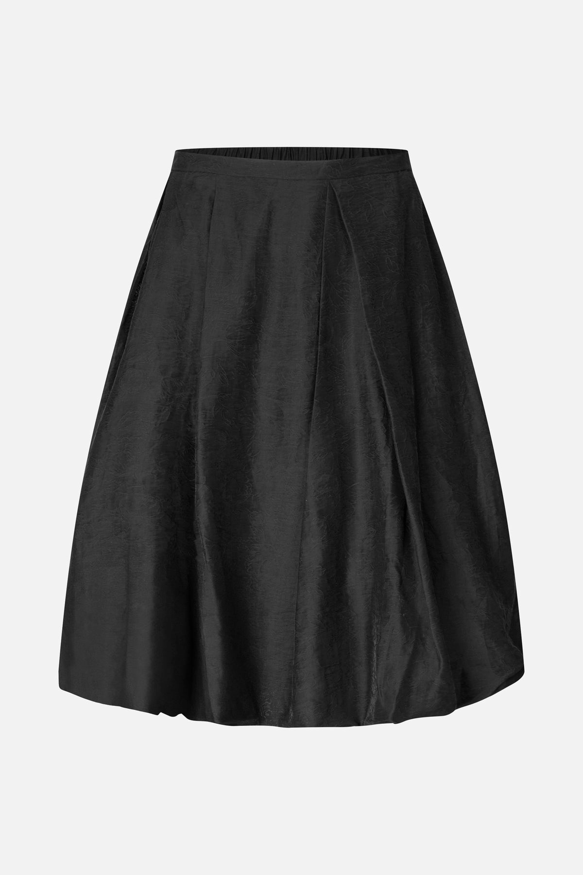 Black flared skirt with a subtle tonal floral pattern and pleated panels, shown from the front.