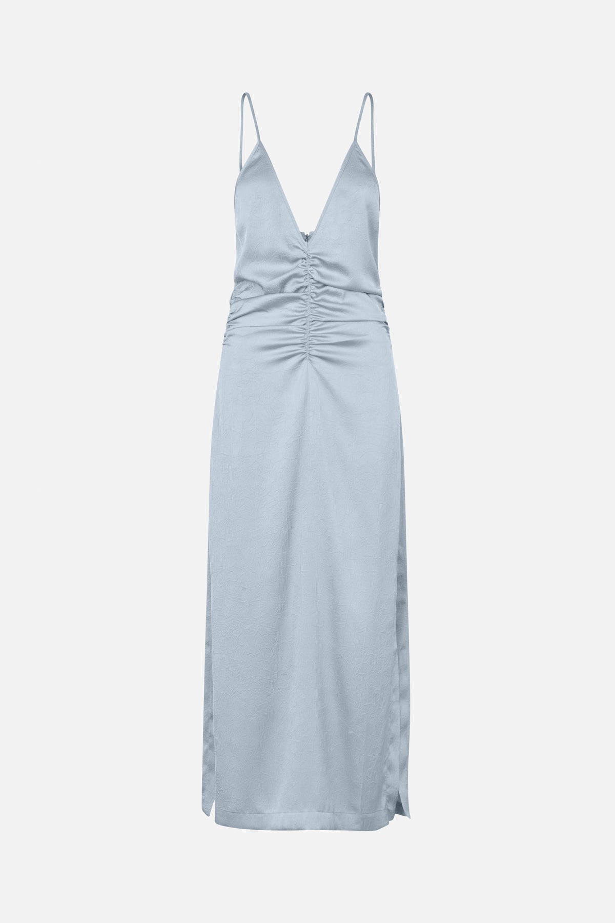Front view of a pale blue satin maxi dress with thin straps, a deep V-neck, ruched centre seam and subtle textured pattern.
