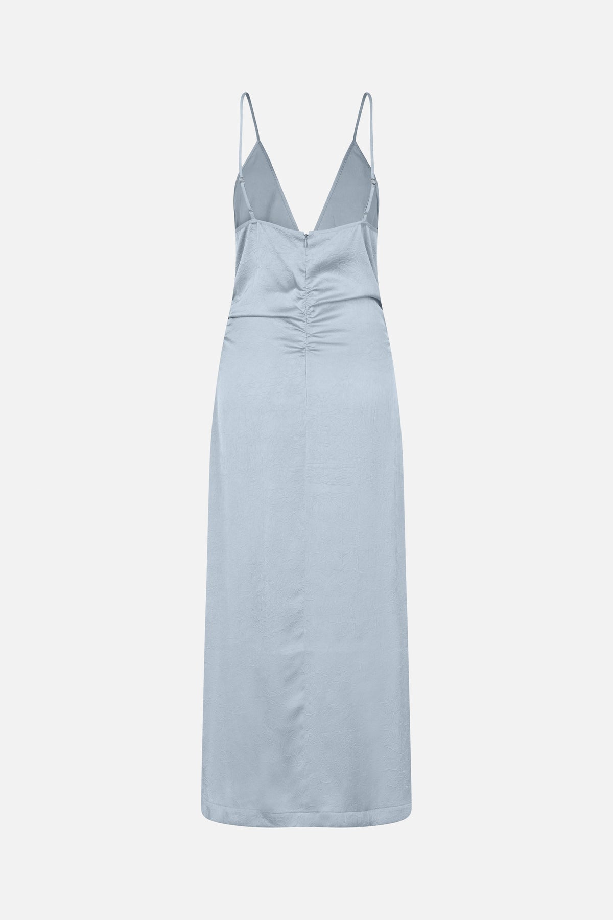 Pale blue-gray long slip dress with thin adjustable straps, a deep V neckline, and a crinkled texture, shown full length.