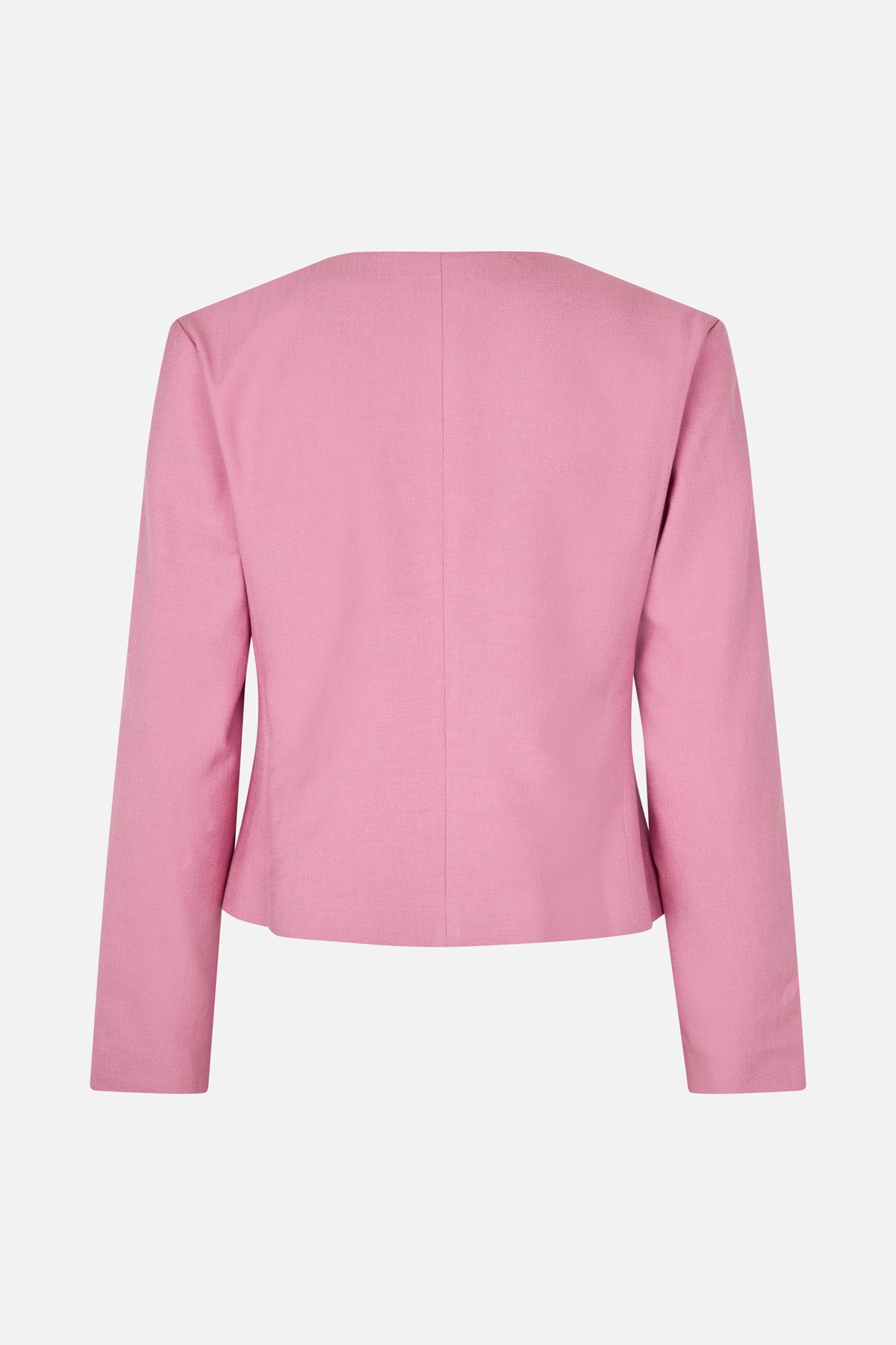 Back view of a pink long-sleeved jacket with a clean neckline and vertical centre seam.
