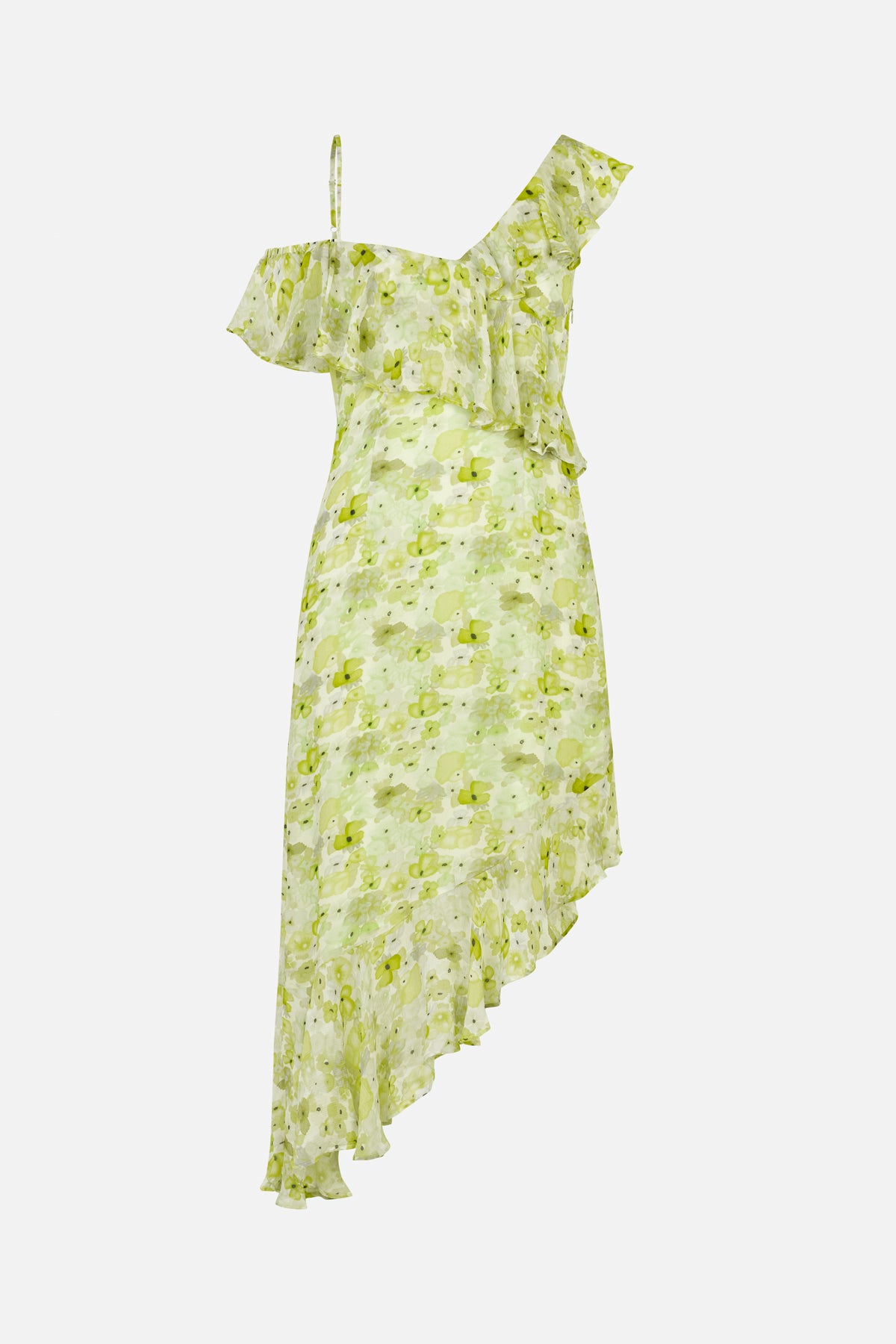 Asymmetrical one-shoulder dress with layered ruffles and a flowing hem, printed with pale green watercolor-style flowers.