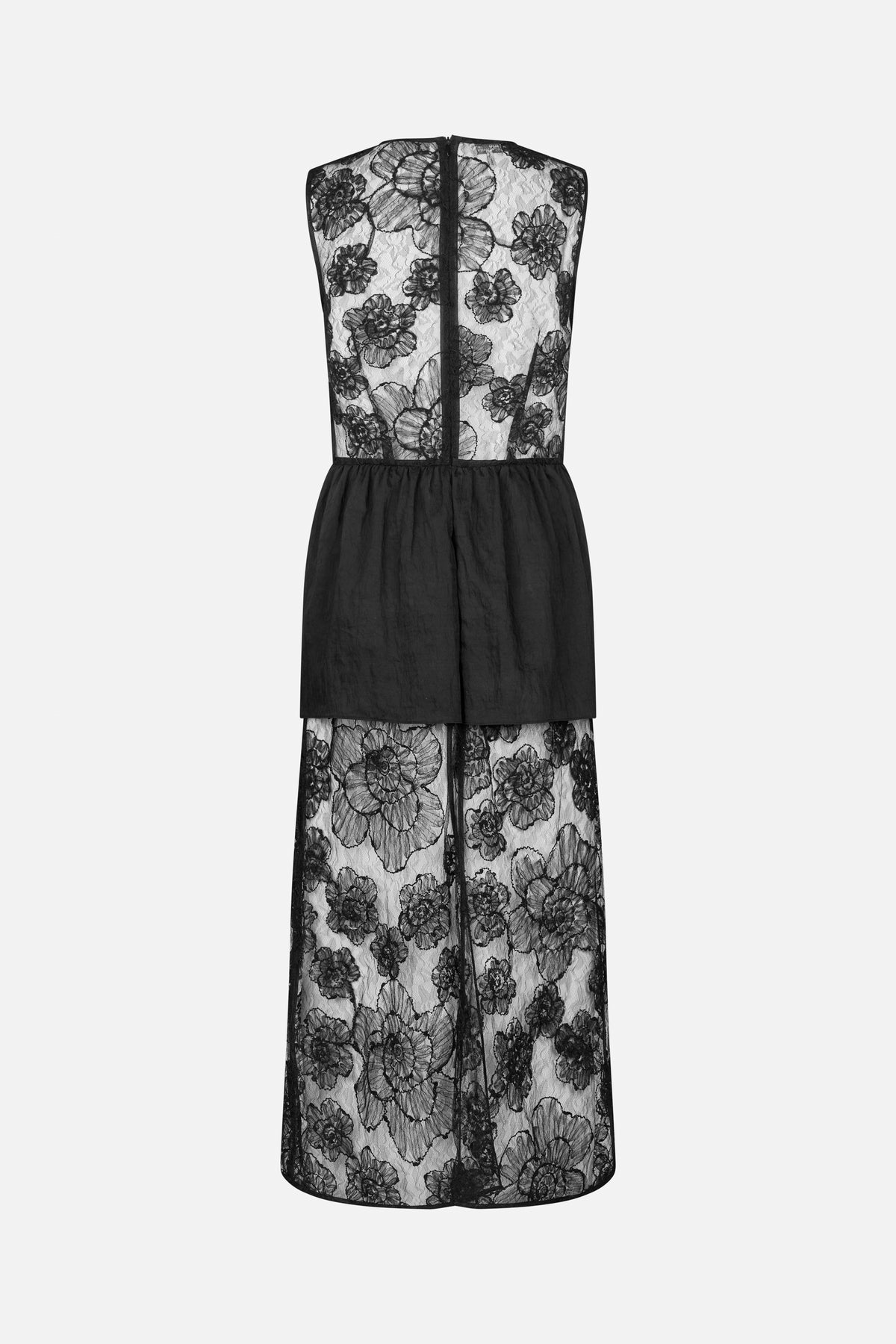 Back view of a sleeveless maxi dress with sheer black floral lace and a gathered opaque black panel at the hips.