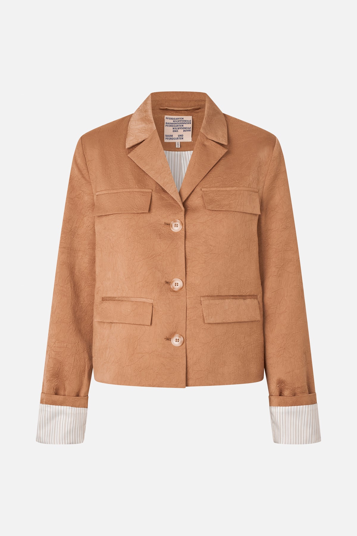 Front view of a camel-brown blazer with a crinkled texture, notched lapels, four patch pockets and striped turned-back cuffs.