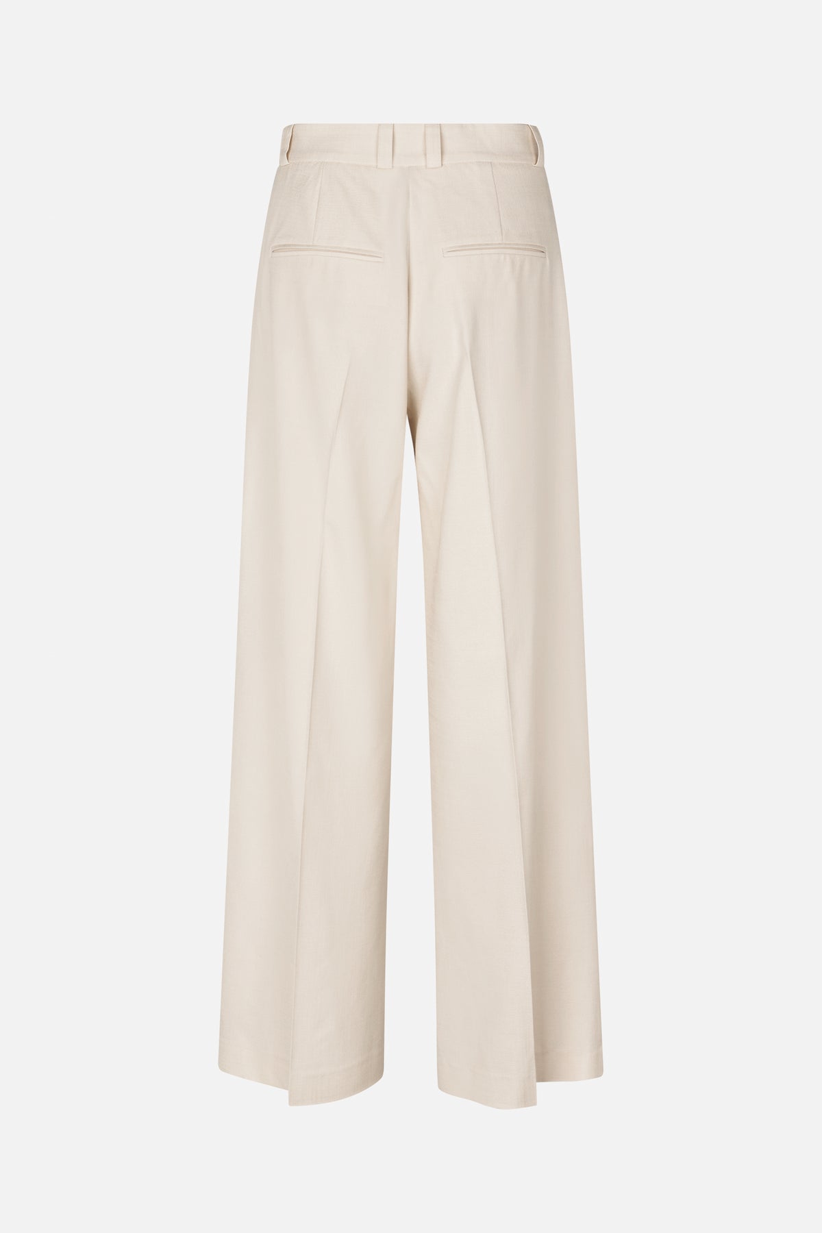 Rear view of cream tailored trousers with belt loops, two welt pockets and wide straight legs.