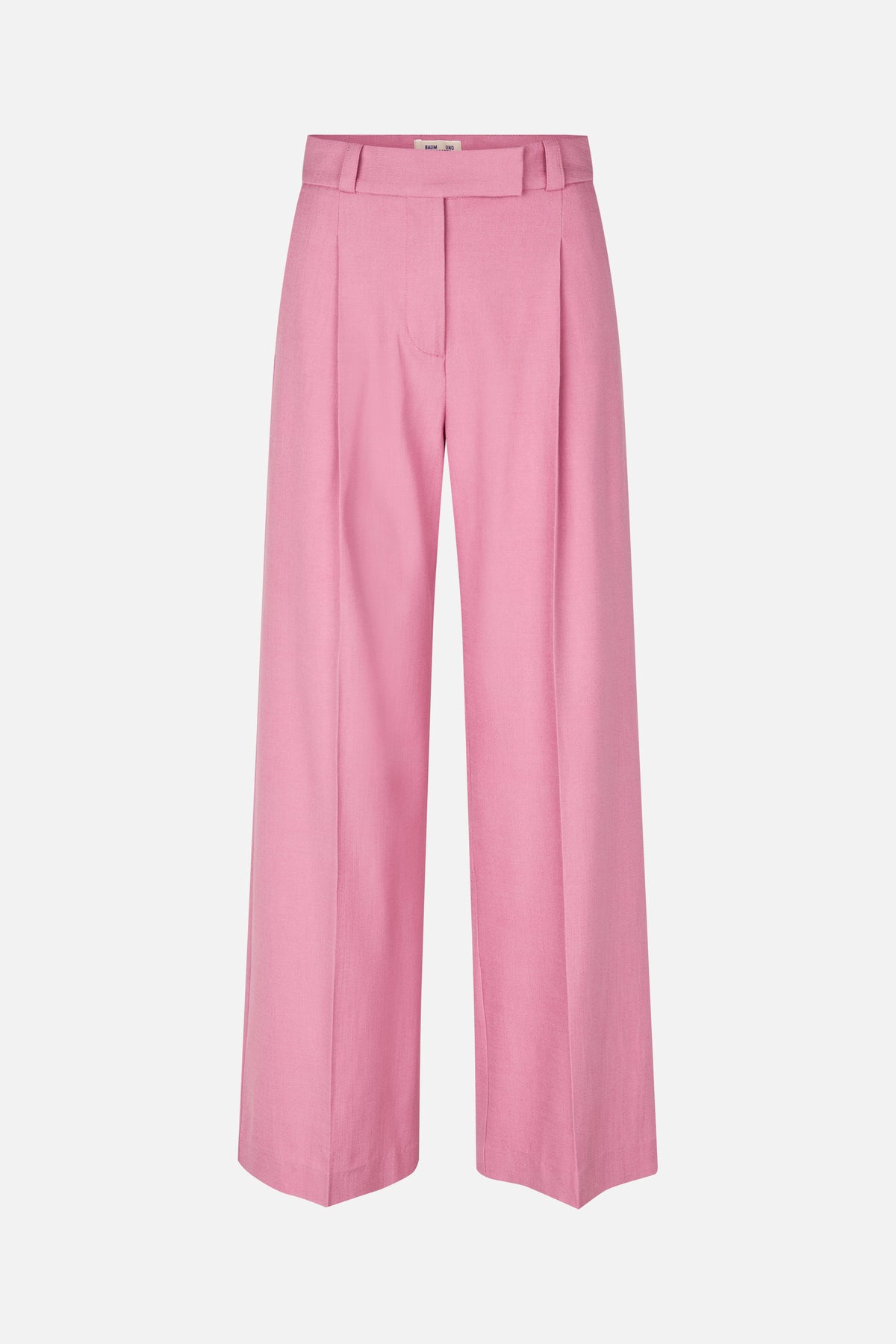 Vorderansicht einer pinken, maßgeschneiderten Hose mit weitem Bein, Gürtelschlaufen, verdecktem Reißverschluss und Bügelfalten.