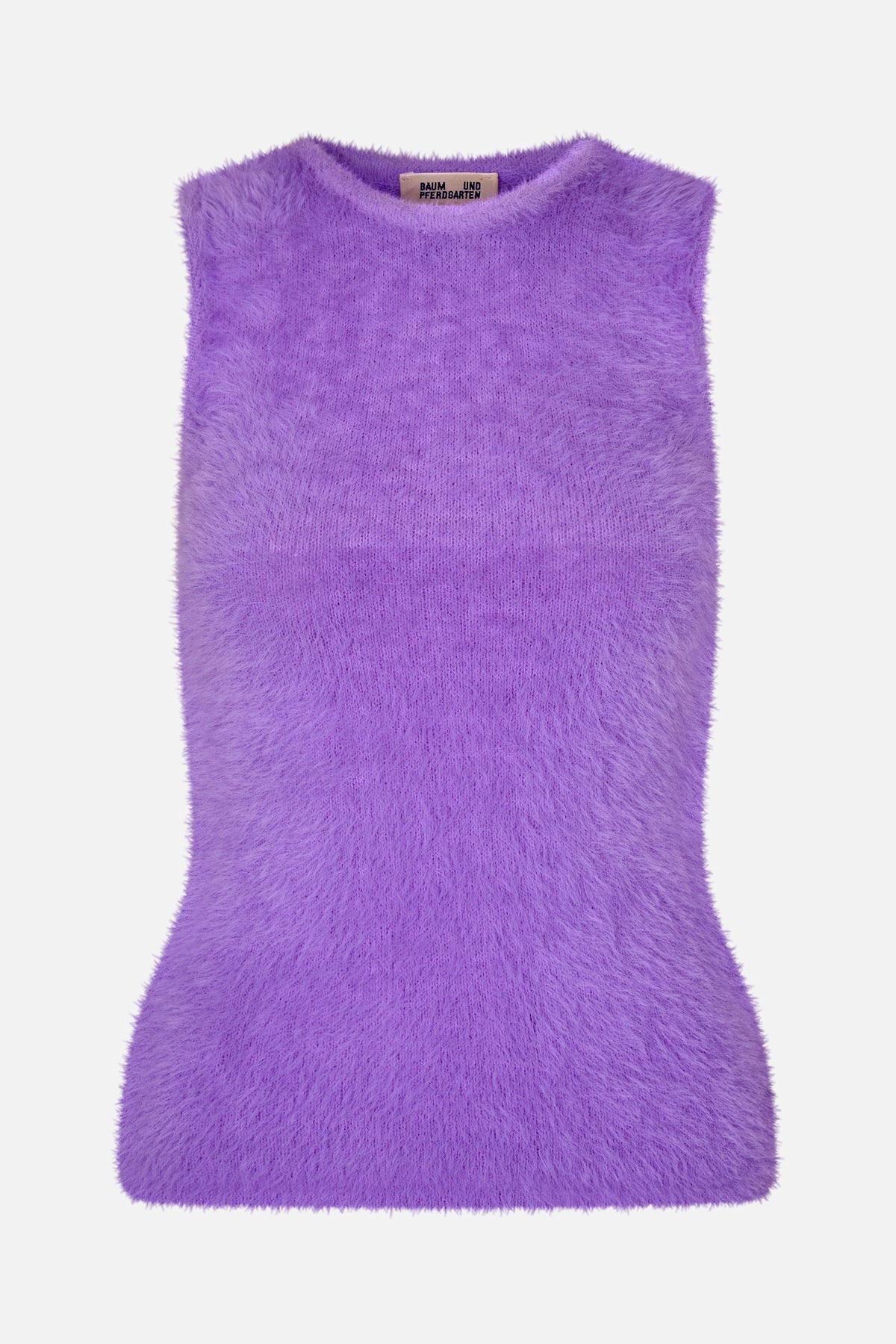 Front view of a lilac-purple sleeveless fuzzy knit top with a rounded neckline and straight hem.