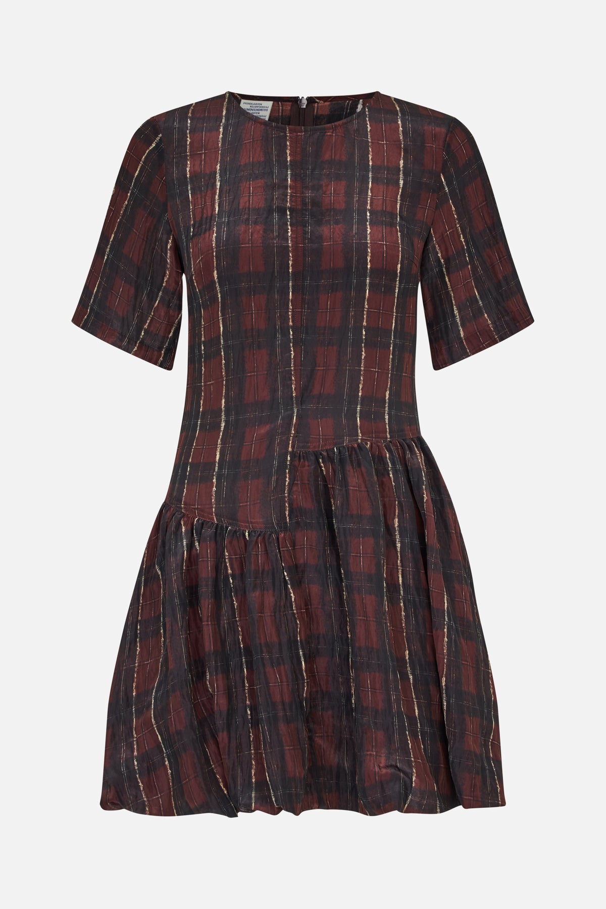 Front view of a burgundy and black plaid dress with short sleeves, a round neckline and a gathered tiered skirt.