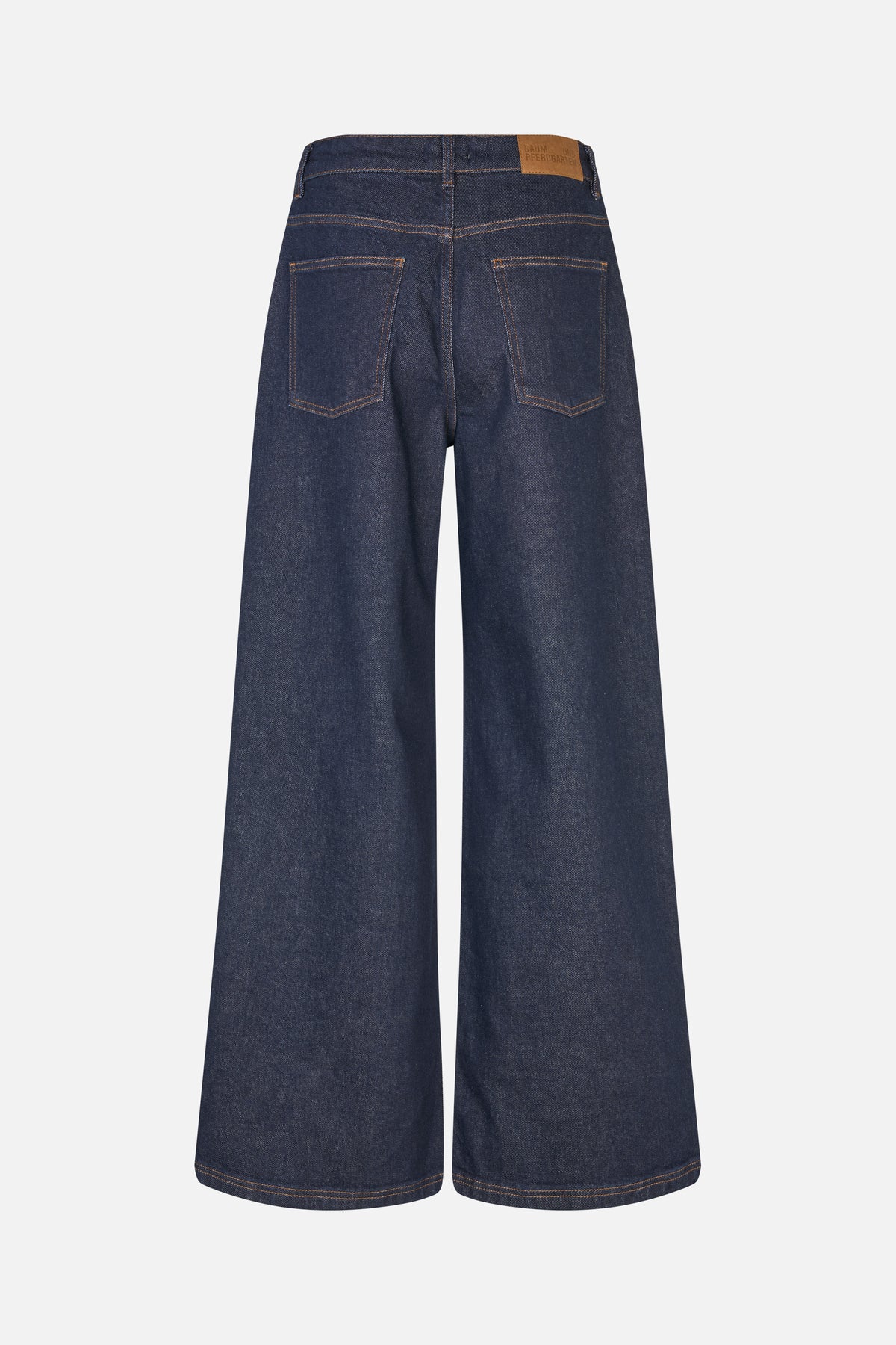 Back view of dark indigo wide-leg jeans with two patch pockets, contrast stitching and a tan waistband label.