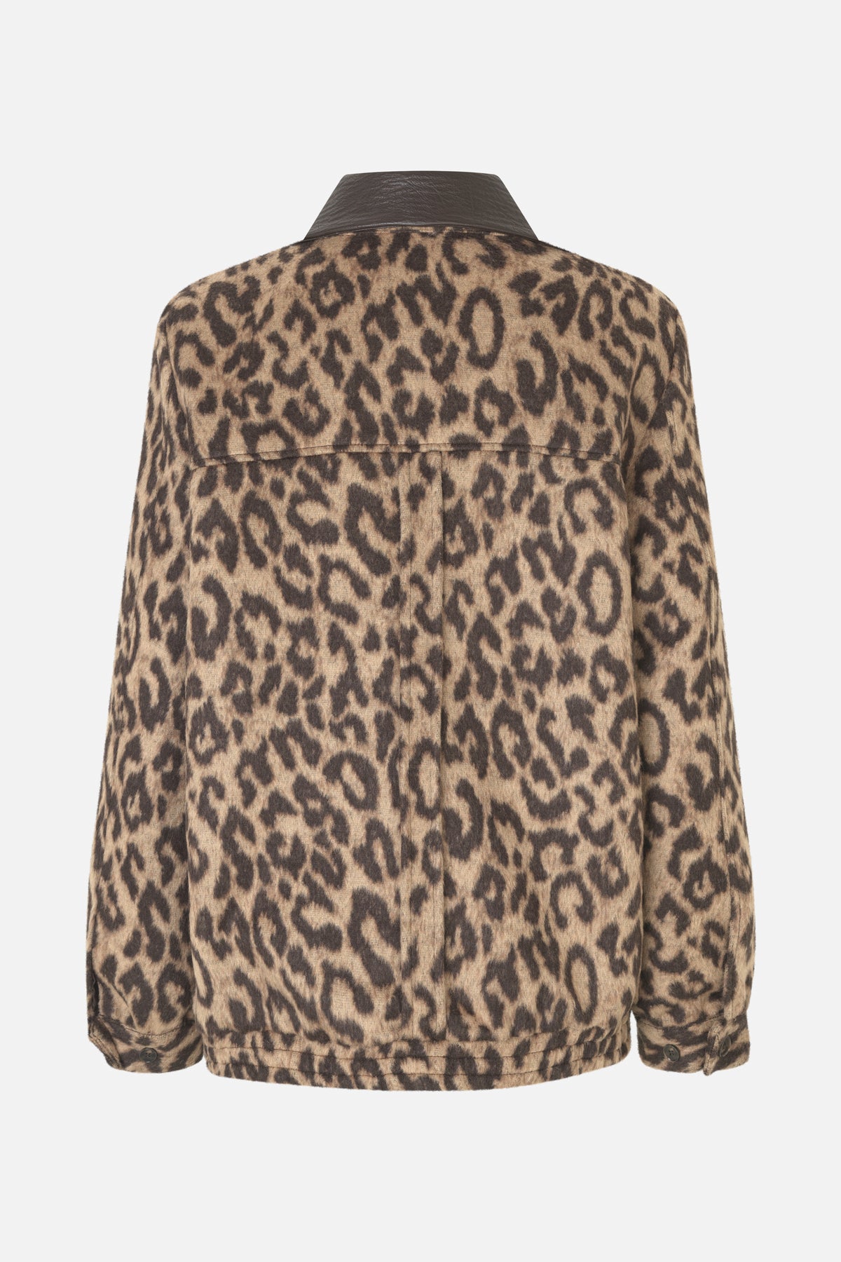 Back view of a beige and dark brown leopard-print jacket with a contrasting dark collar, back yoke, and buttoned cuffs.