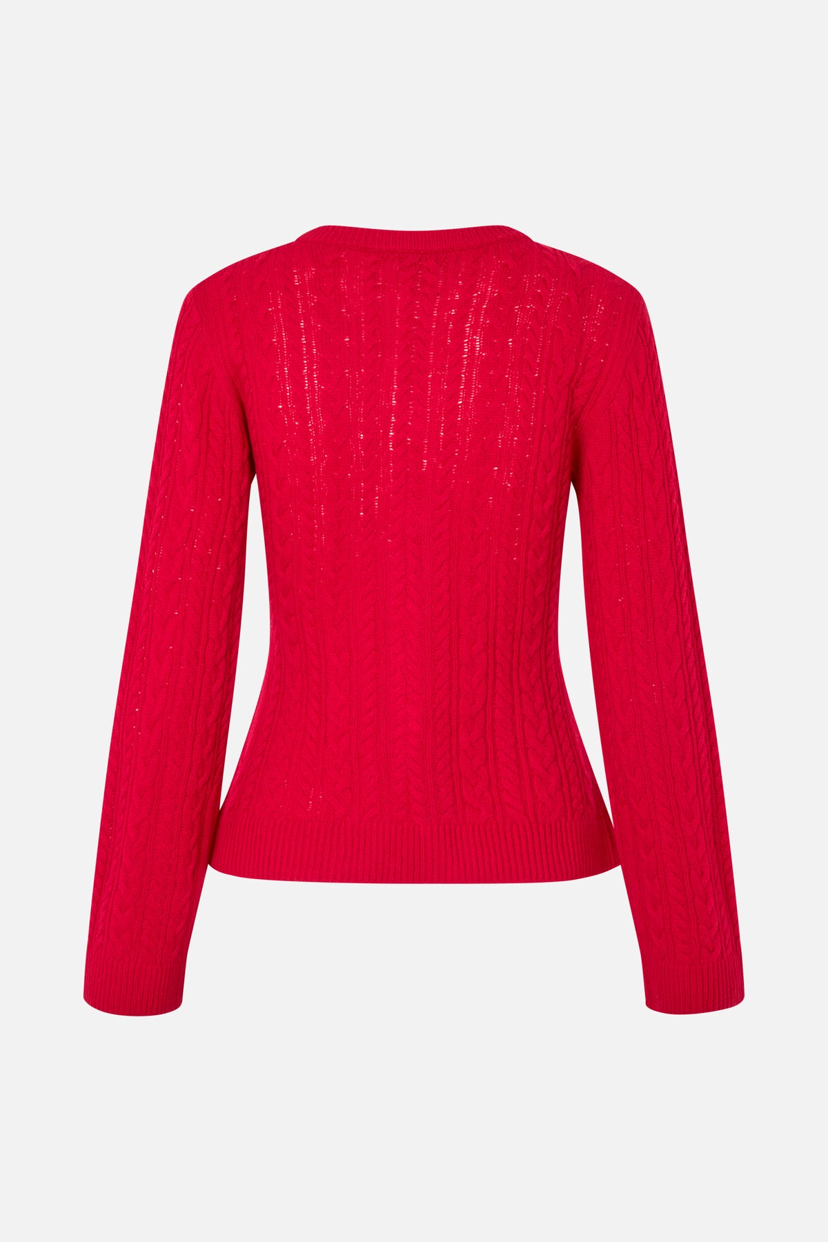 Back view of a bright red long-sleeved knit sweater with an all-over cable and openwork pattern, crew neckline and ribbed trims.