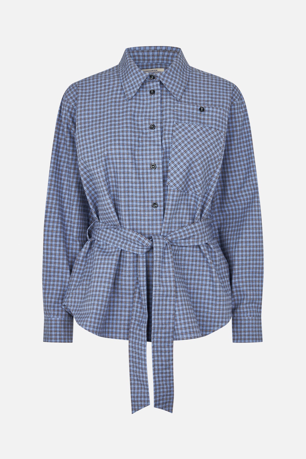 Front view of a blue plaid long-sleeved button-up shirt with a chest pocket and a matching tie belt.
