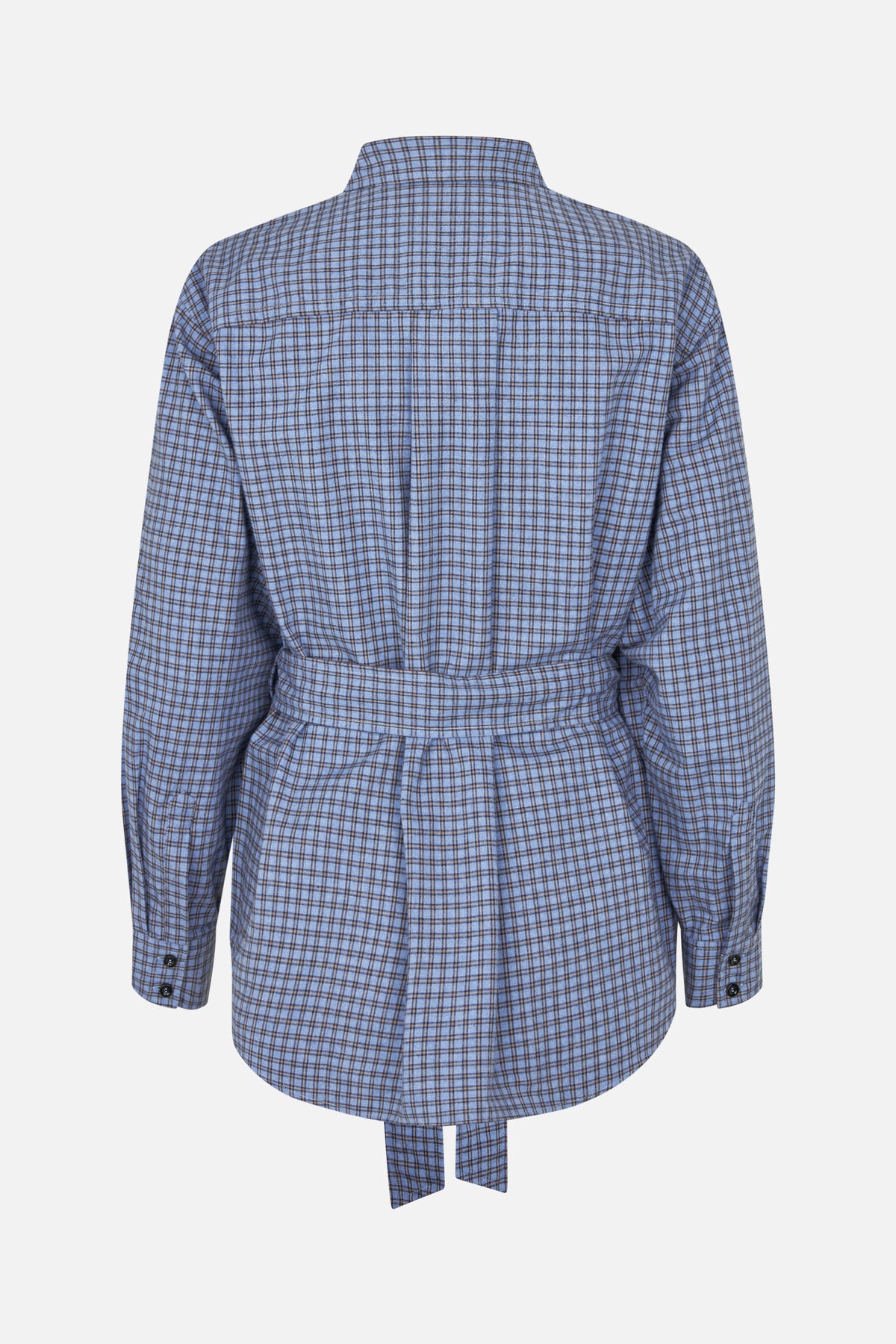 Back view of a blue checked long-sleeved shirt with a high collar, waist tie and buttoned cuffs.