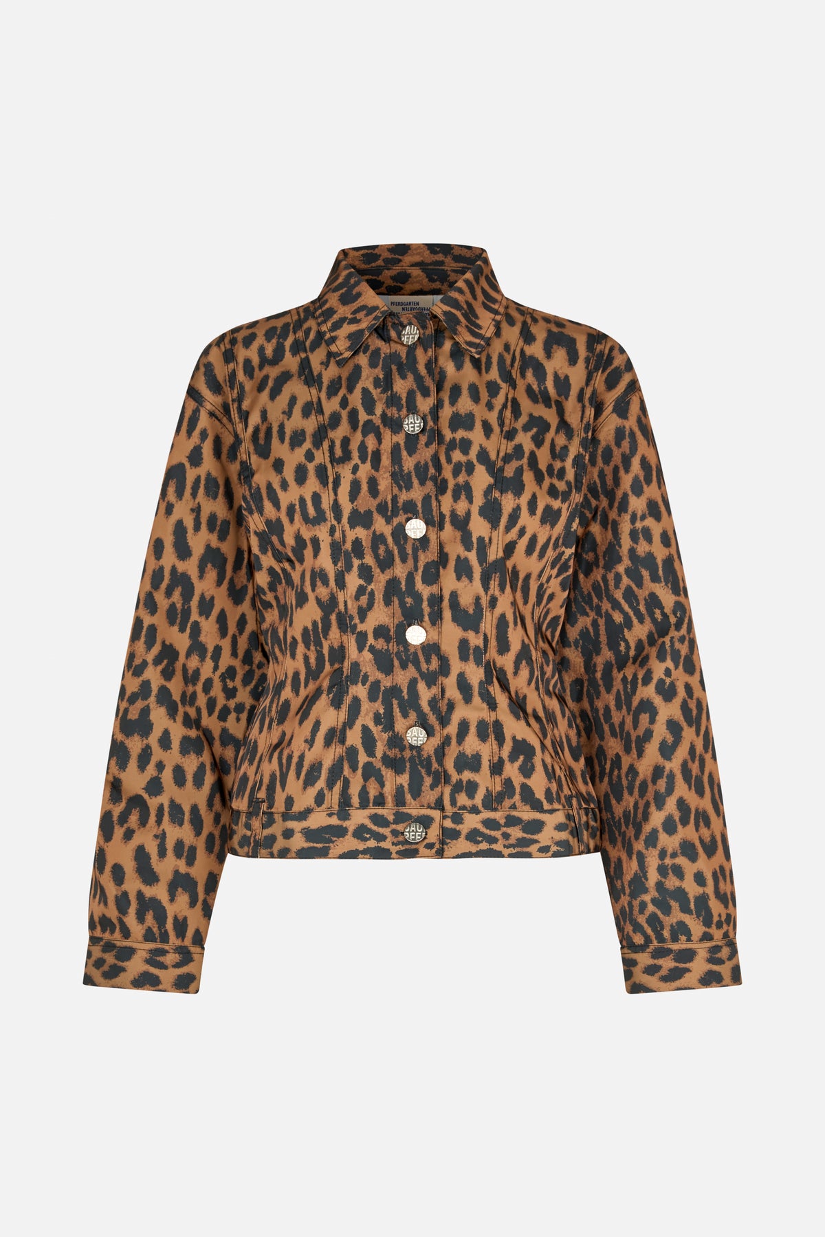 Front view of a long-sleeved, collared jacket in brown and black animal print, with a button front and stitched panel details.