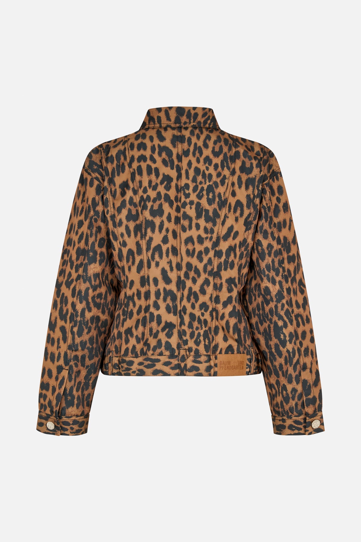 Back view of a brown and black leopard-print jacket with a stand collar, panel seams, and buttoned cuffs.