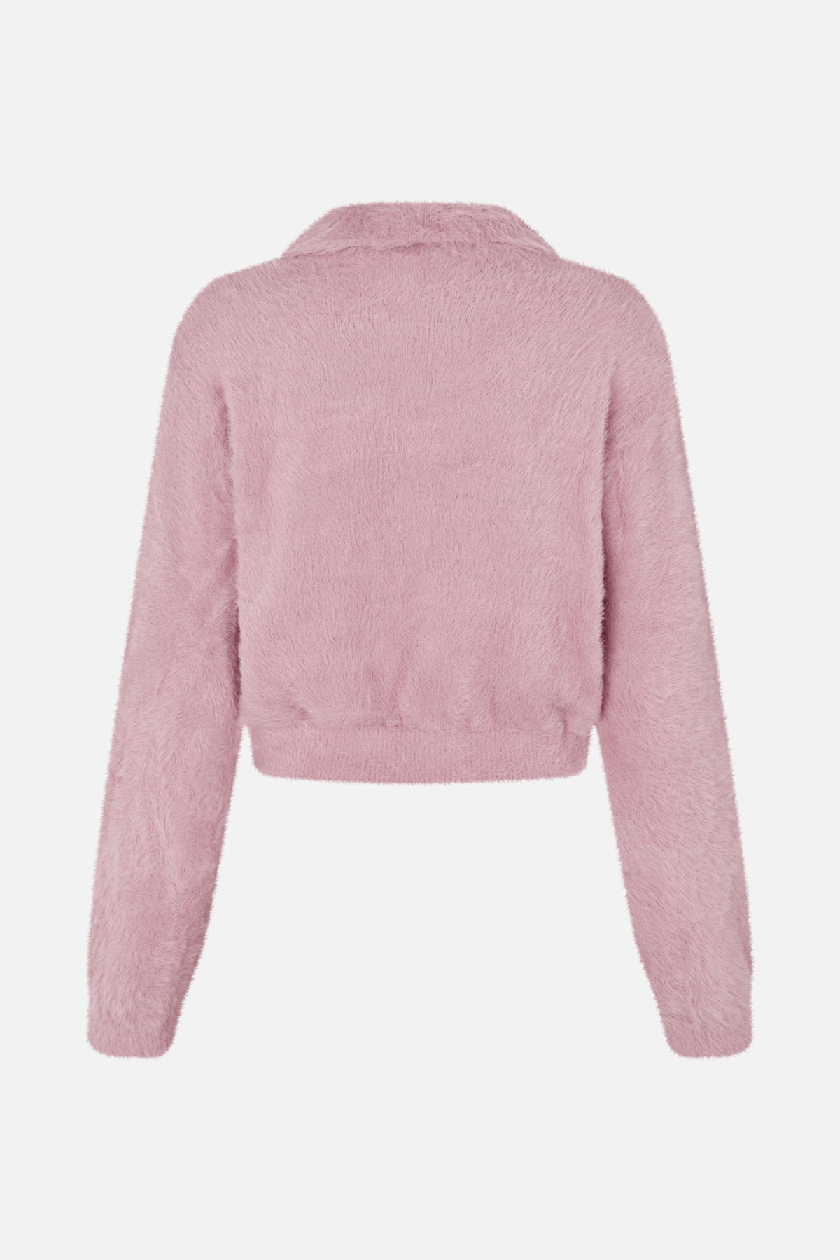 Front view of a cropped, long-sleeved sweater in solid dusty pink with a soft, fuzzy texture and crew neckline.