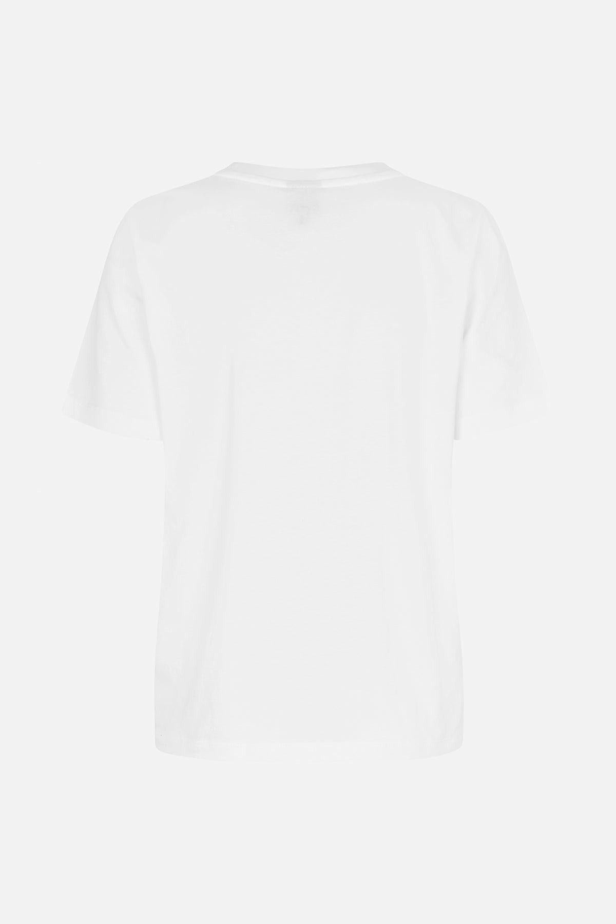 Effen wit T-shirt met korte mouwen, gezien van achteren, met ronde hals en rechte zoom.