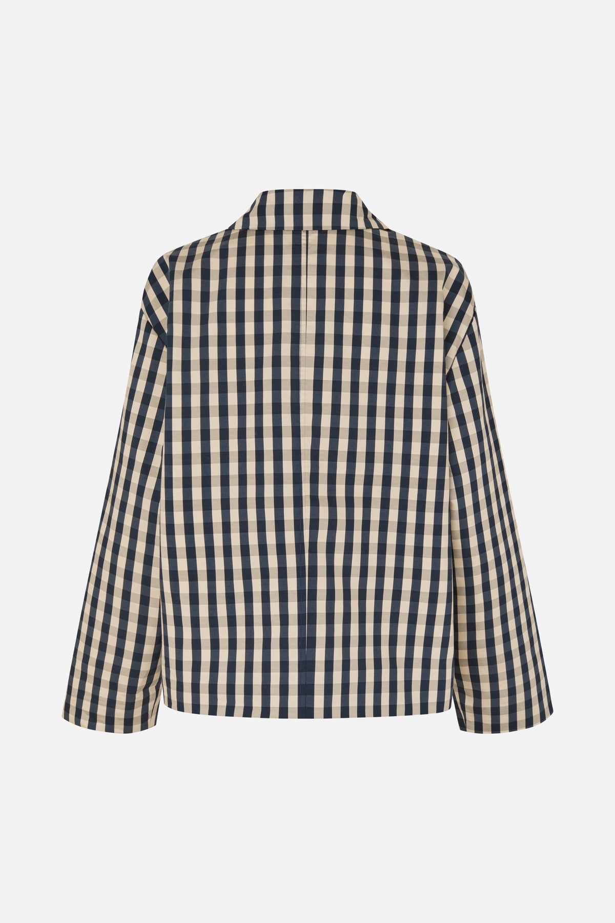 Back view of a navy and beige checked long-sleeve shirt with a pointed collar and center seam.