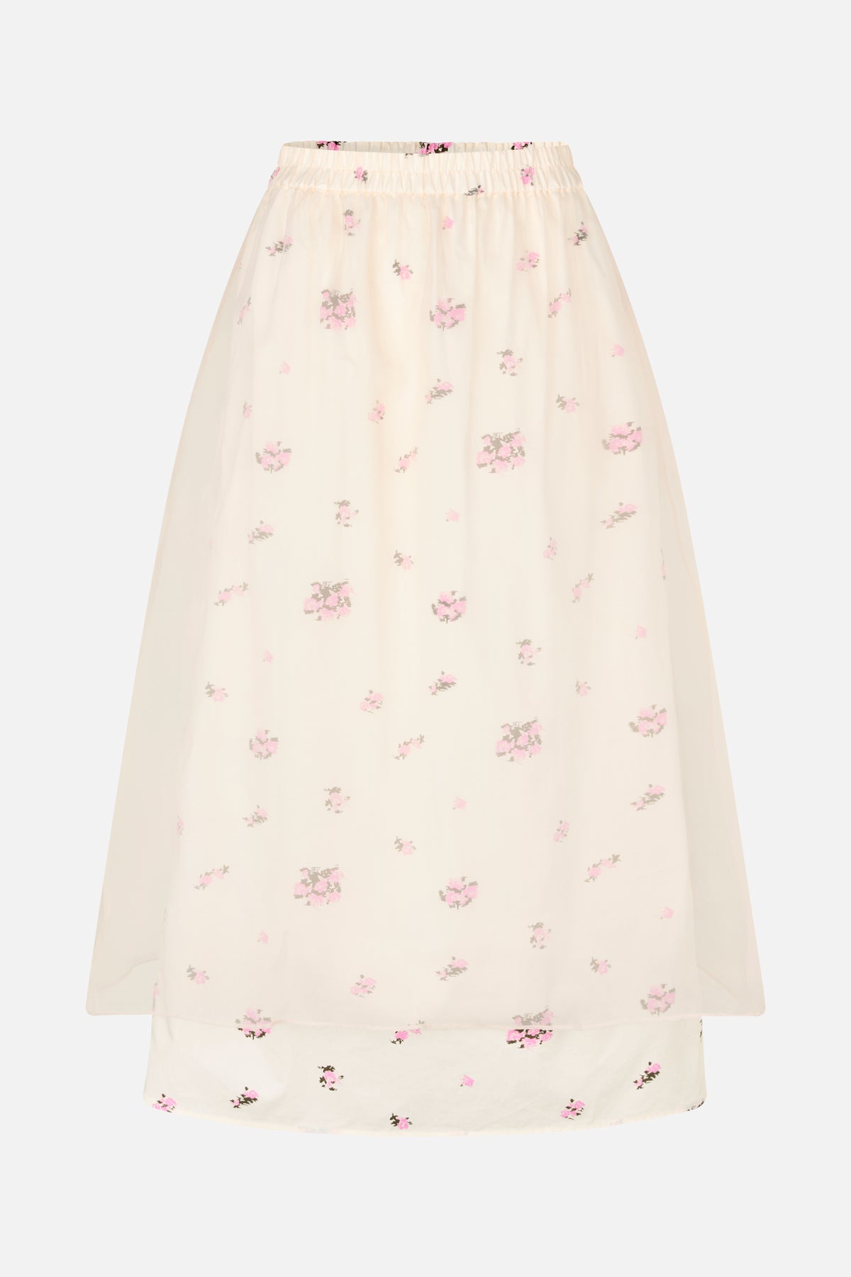 Elfenbeinfarbener, transparenter Rock mit elastischem Bund, verstreutem rosa-grauem Blumenprint und kürzerem, blickdichtem Futter